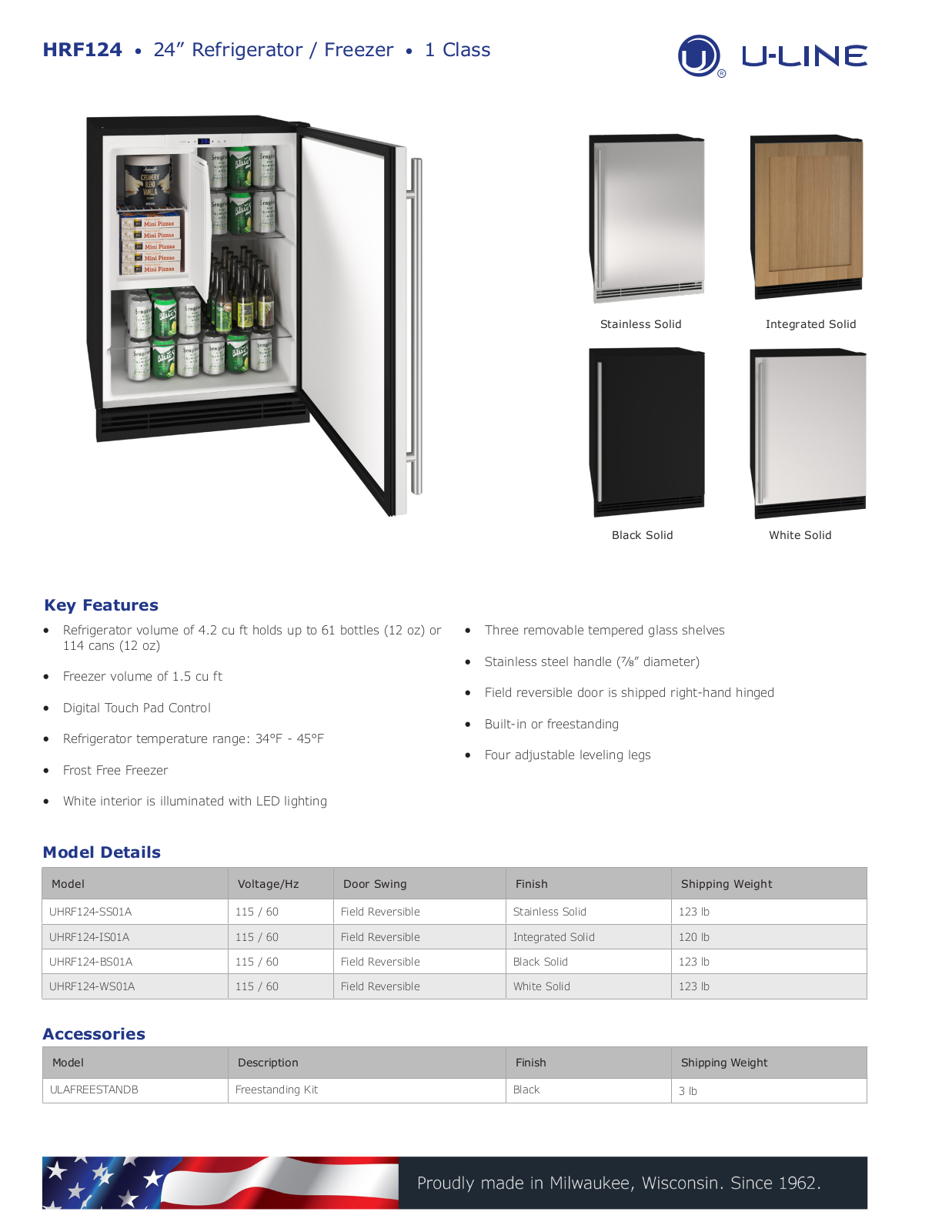 U-Line UHRF124BS01A, UHRF124WS01A, UHRF124IS01A, UHRF124SS01A PRODUCT SPECIFICATIONS