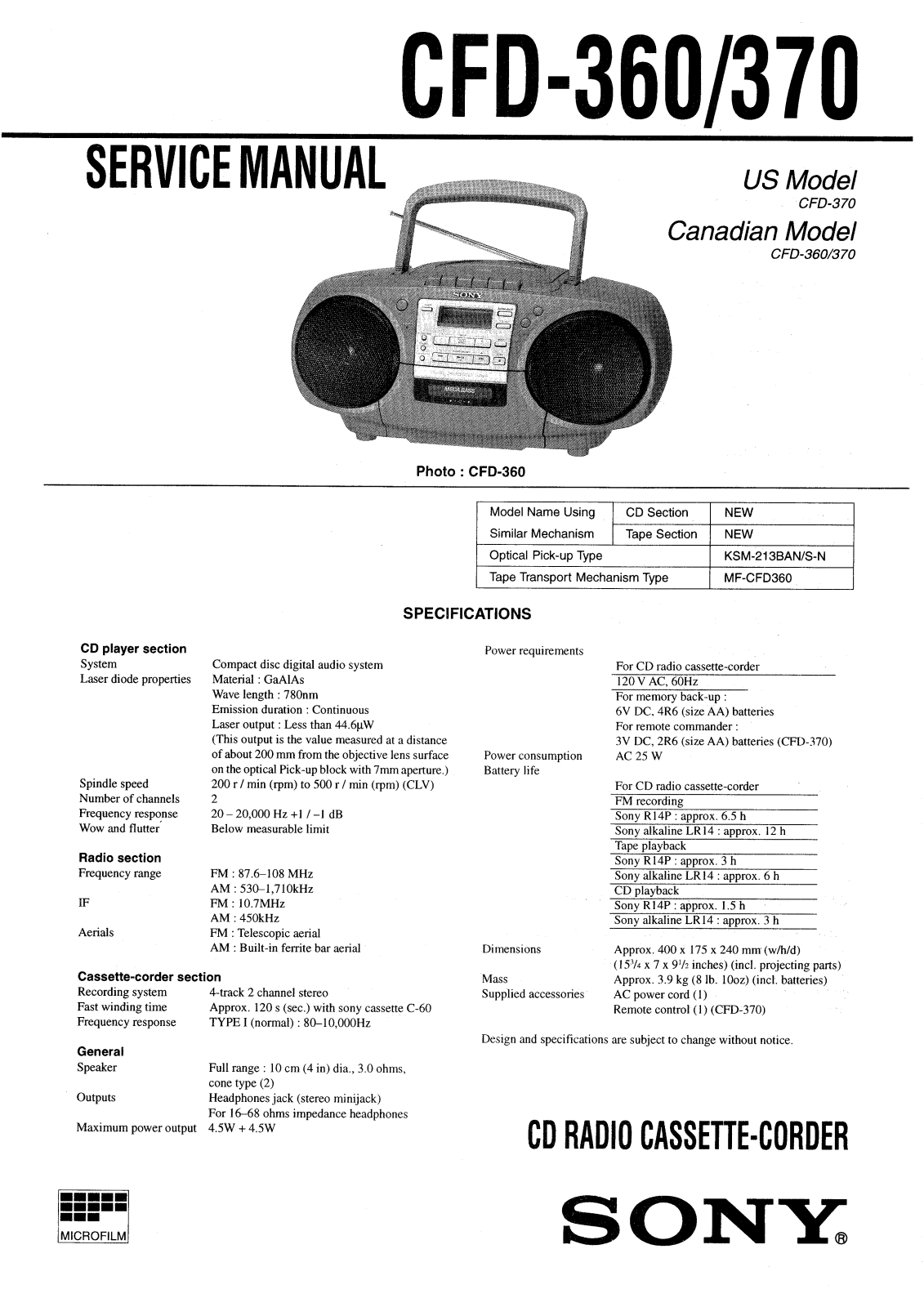 Sony CFD-370, CFD-360 Service manual