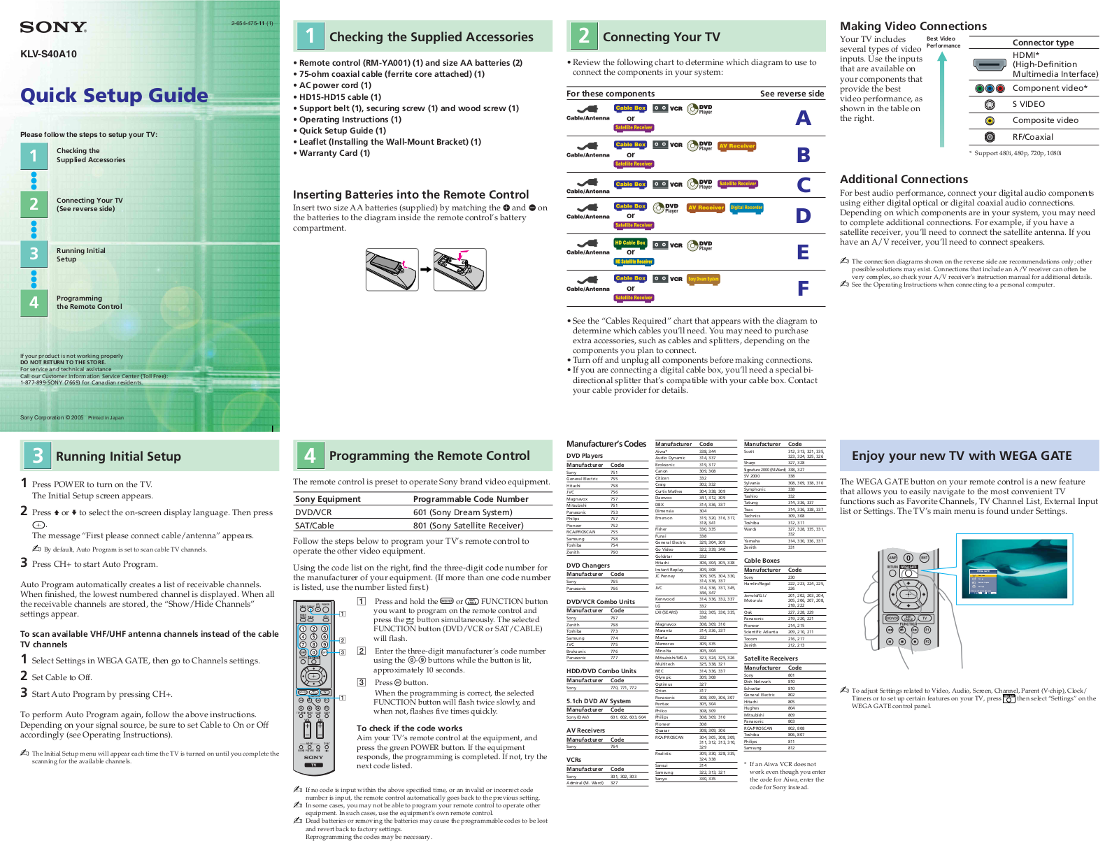 Sony WEGA KLV-S40A10 Quick setup guide