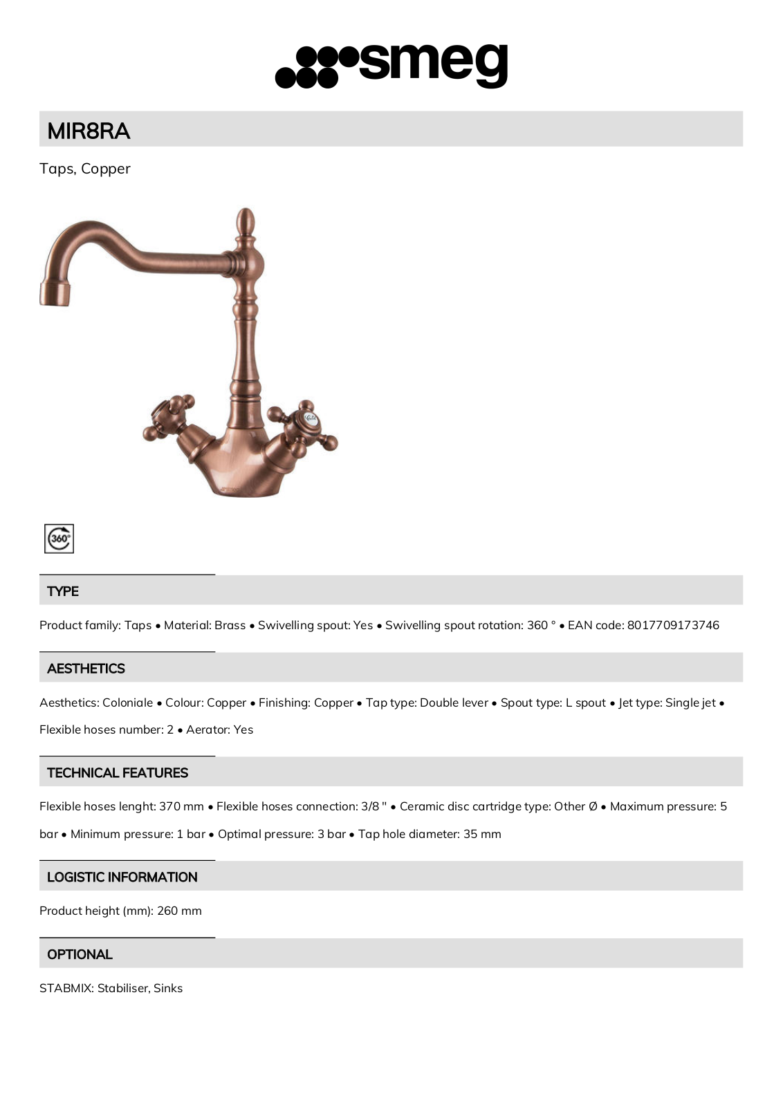 Smeg MIR8RA Technical sheet