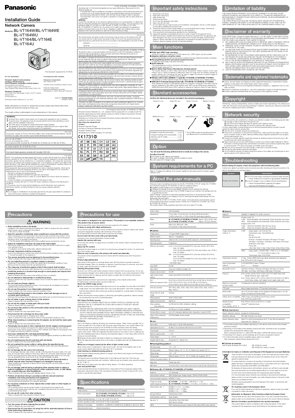 Panasonic of North America 96NBL VT164W User Manual