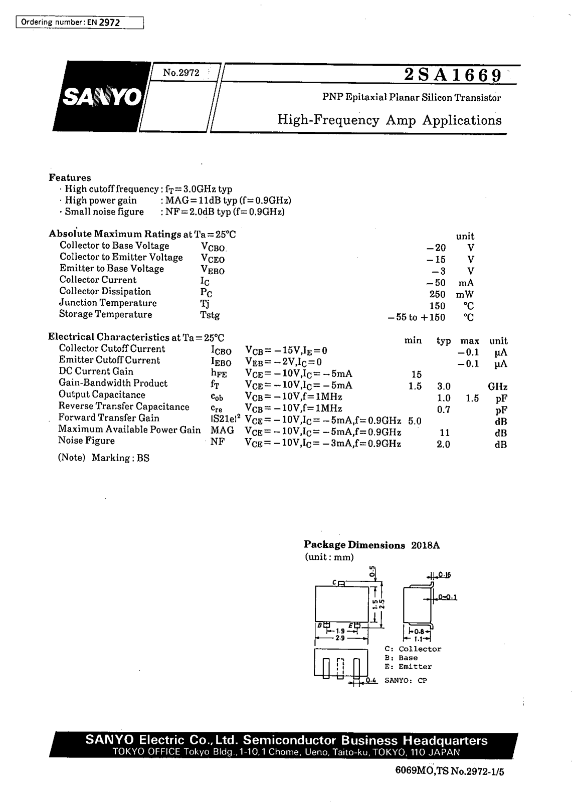 SANYO 2SA1669 Datasheet