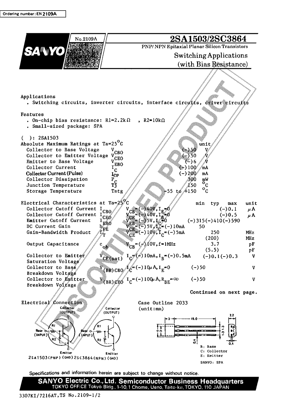 Sanyo 2SA1503 Specifications