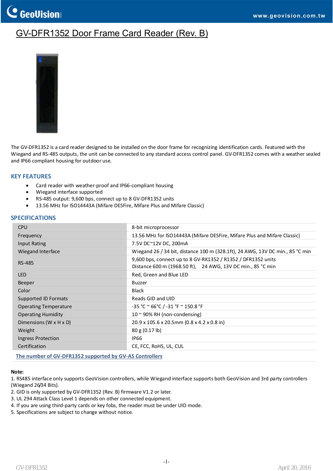 Geovision GV-DFR1352-card-Reader Specsheet