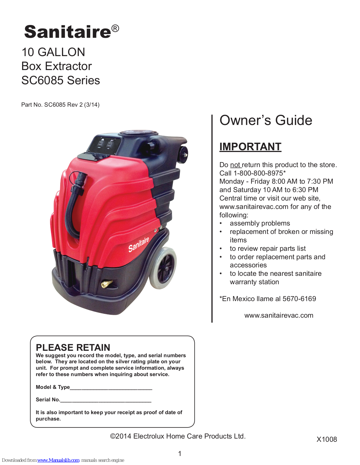 Sanitaire SC6085 Series, SC6088 Series Owner's Manual