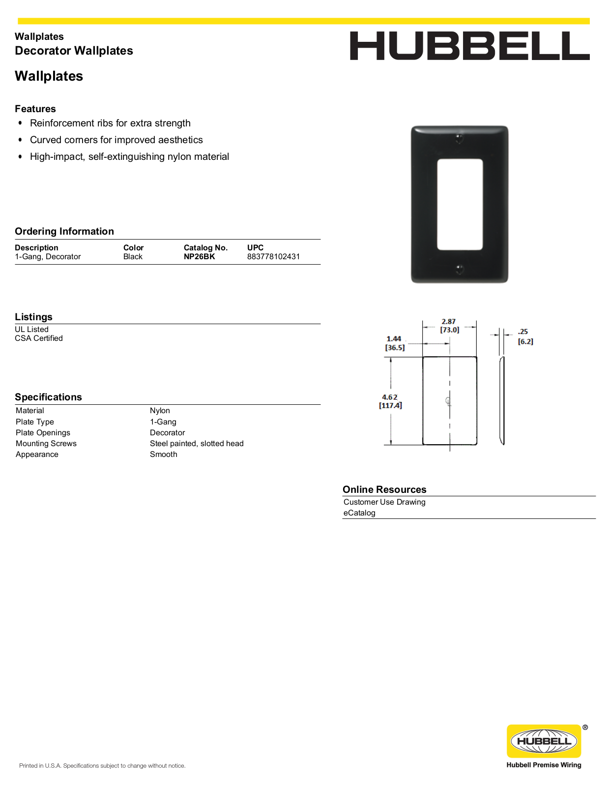 Hubbell NP26BK Specifications - ManualMachine.com