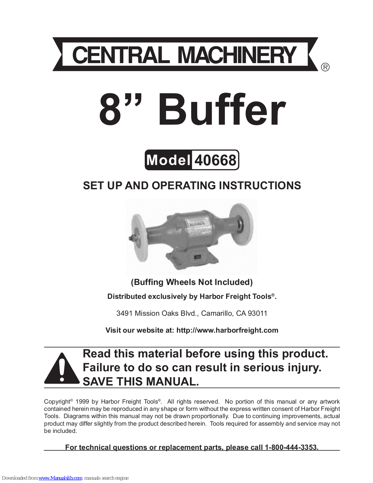 Central Machinery 40668 Set Up And Operating Instructions Manual