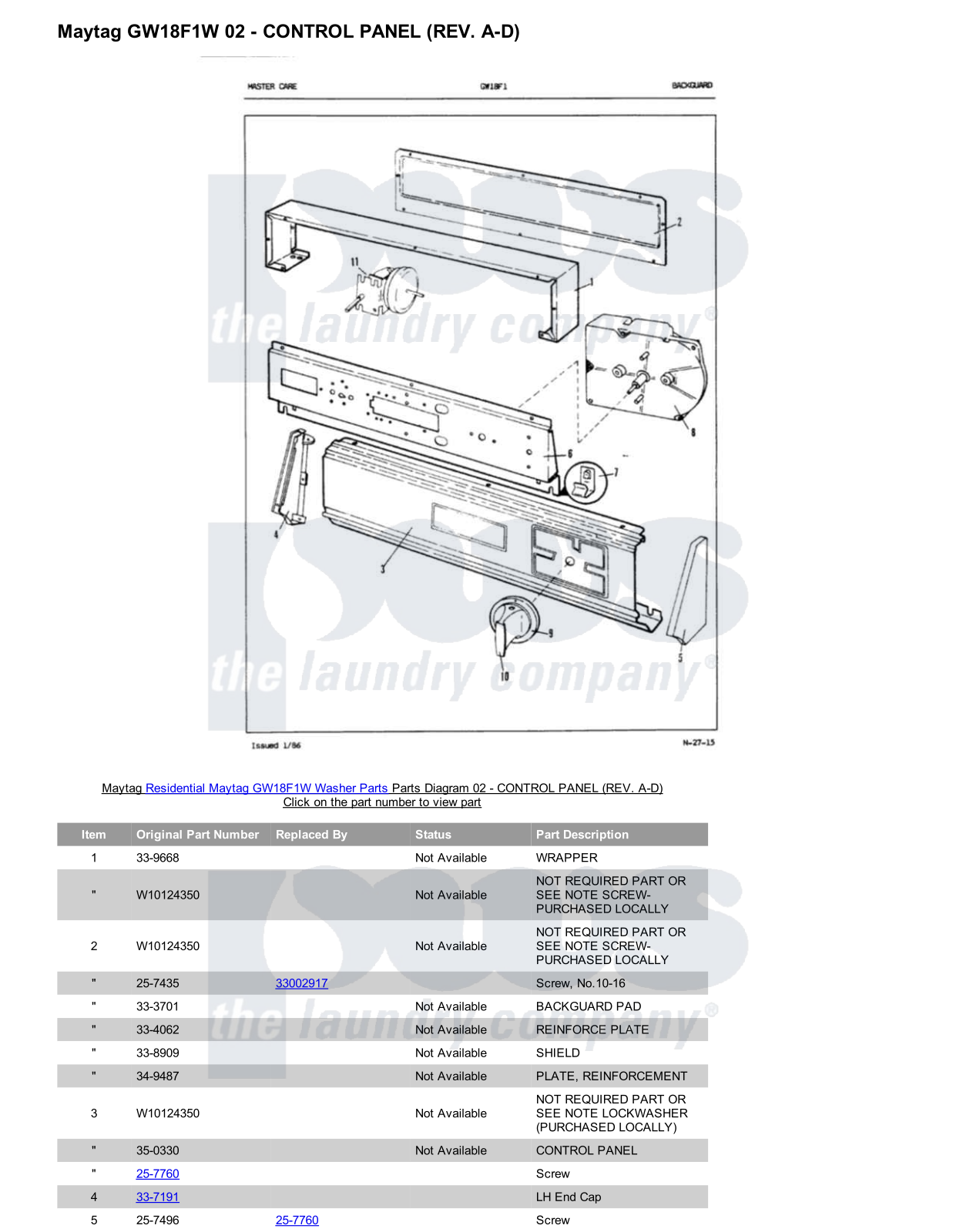 Maytag GW18F1W Parts Diagram