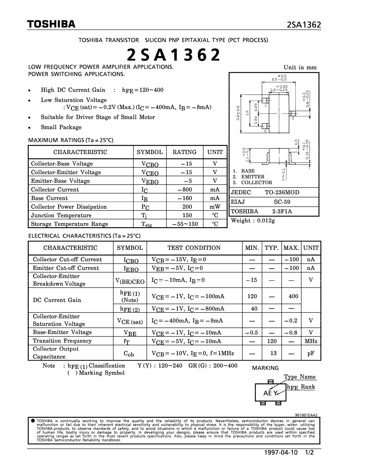 Toshiba 2SA1362 Schematic