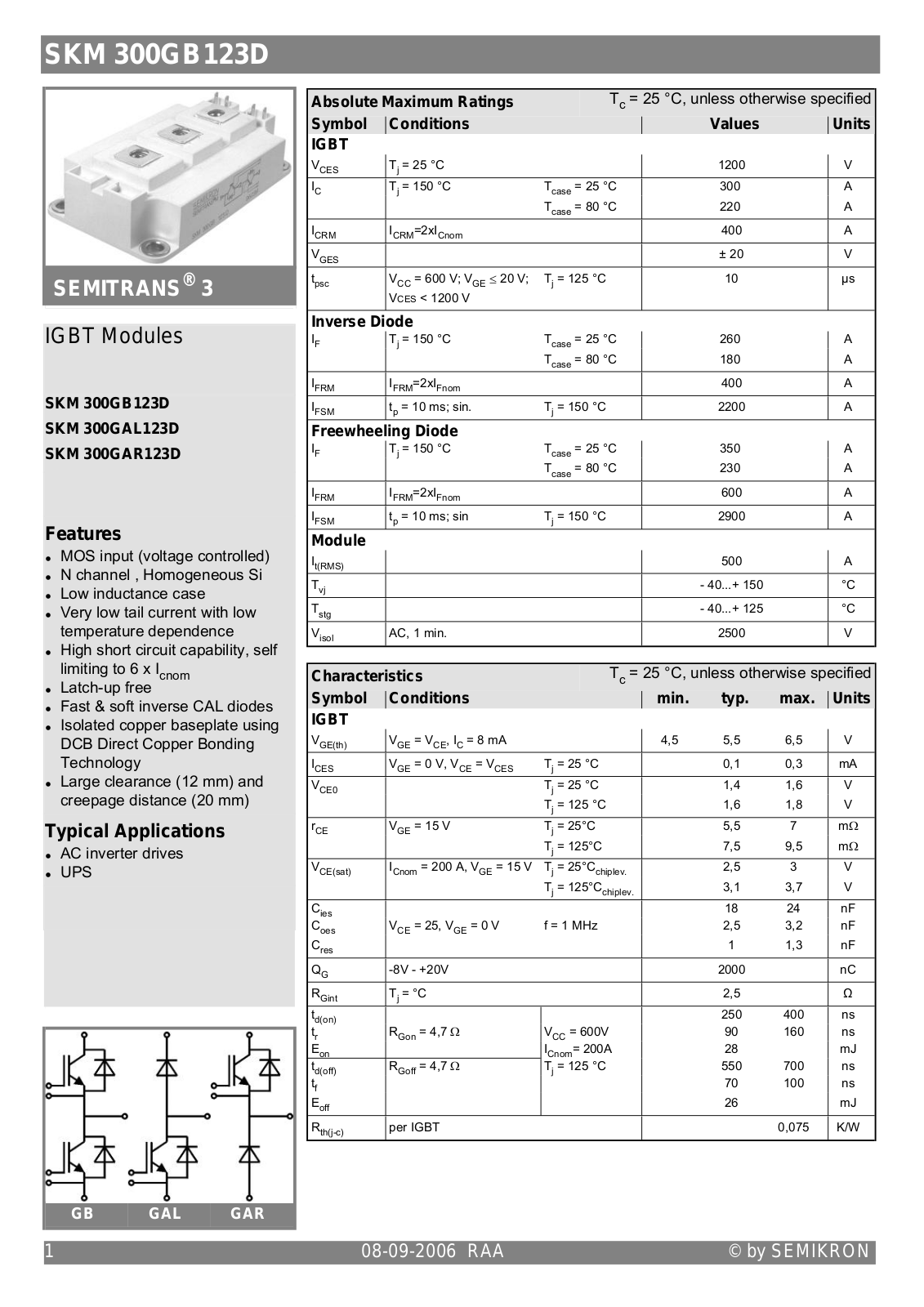 Semikron SKM300GAR123D Data Sheet