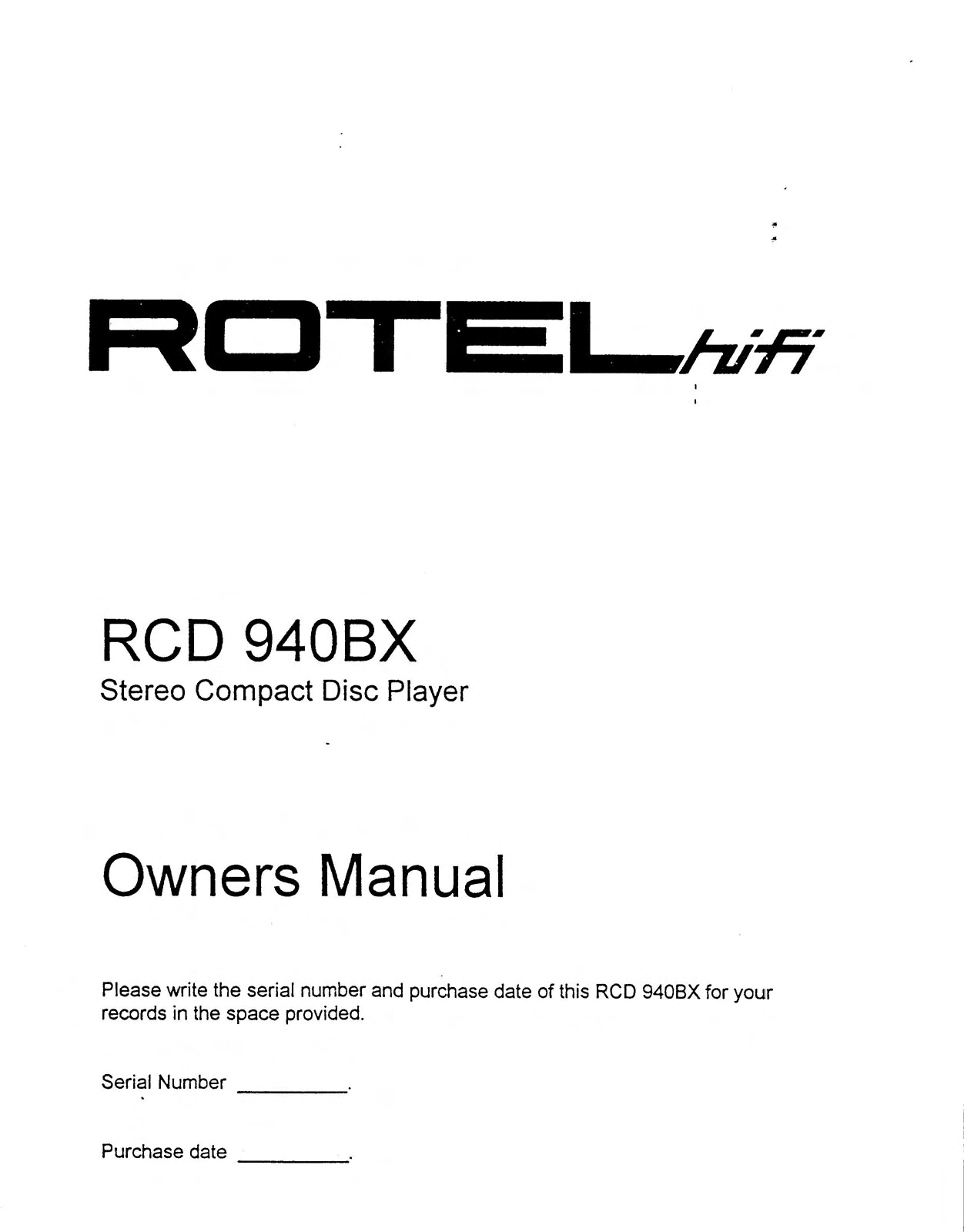 Rotel RCD-940AX Owners Manual