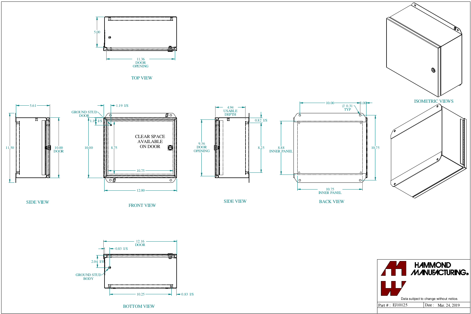 Hammond Manufacturing EJ10125 technical drawings