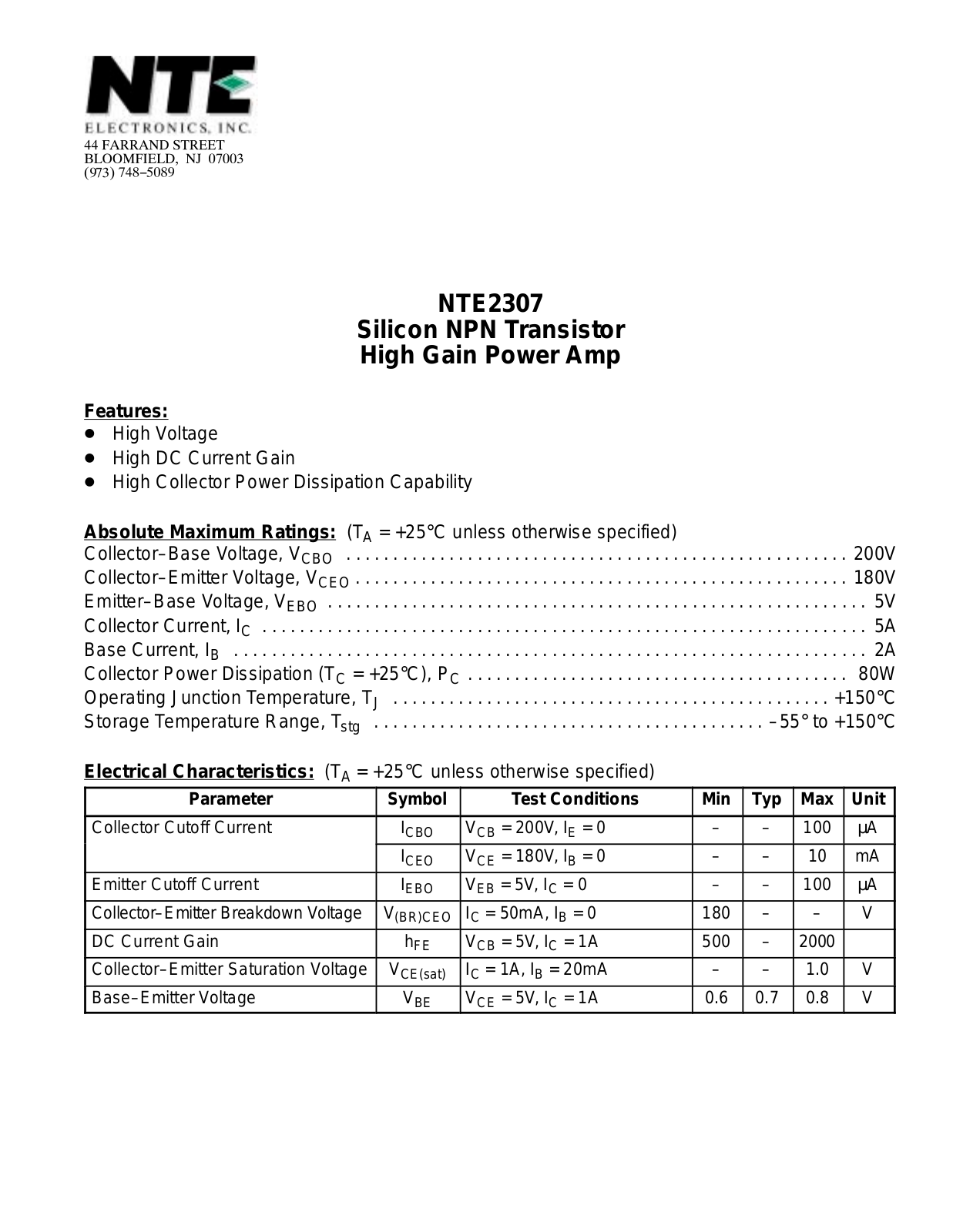 Datasheet NTE2307 Datasheet (NTE) - ManualMachine.com