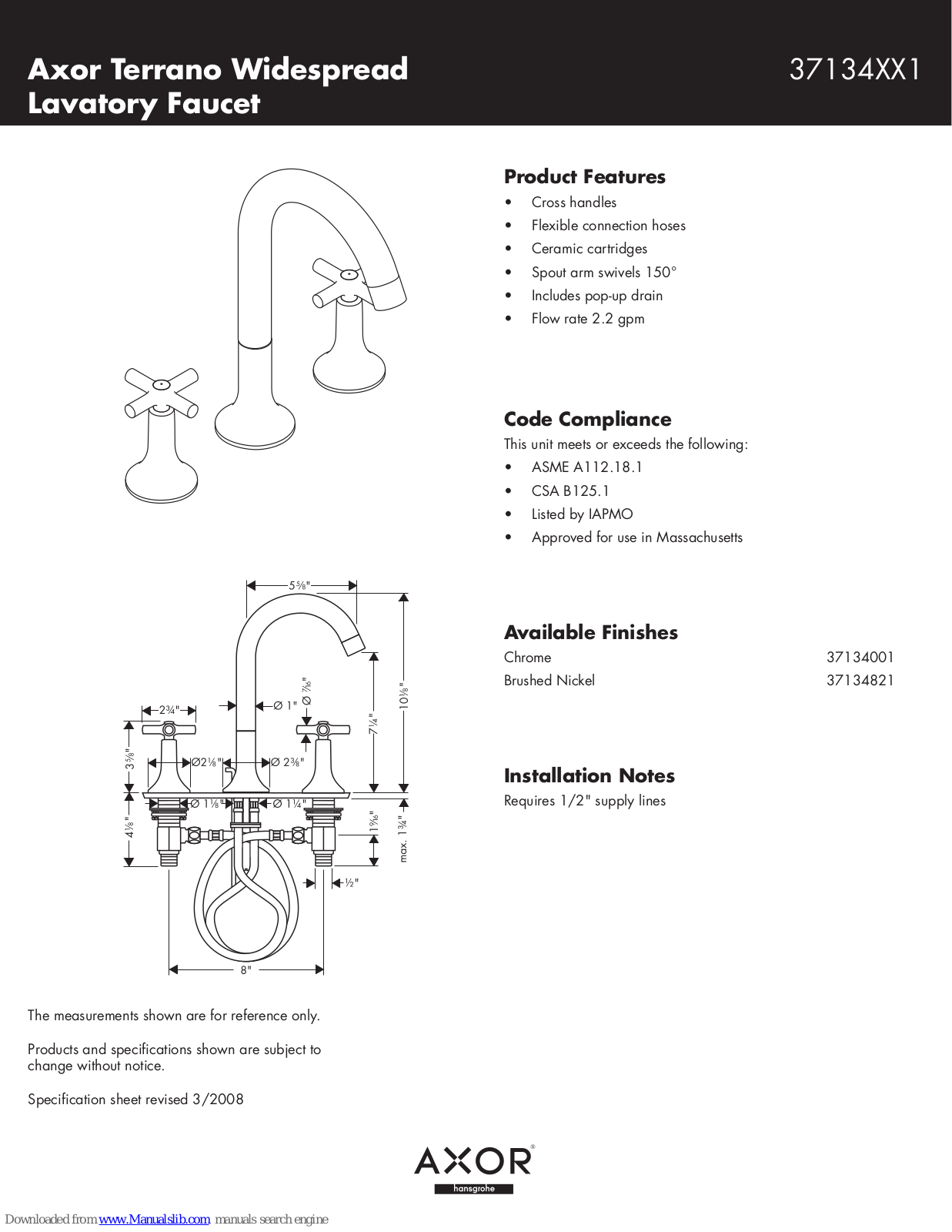 Axor 37134001, 37134821 Specification Sheet