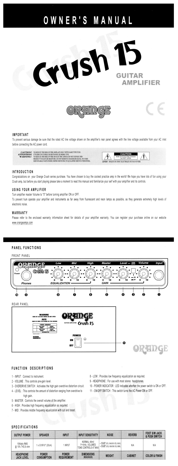 Orange Crush 15 Owner's Manual