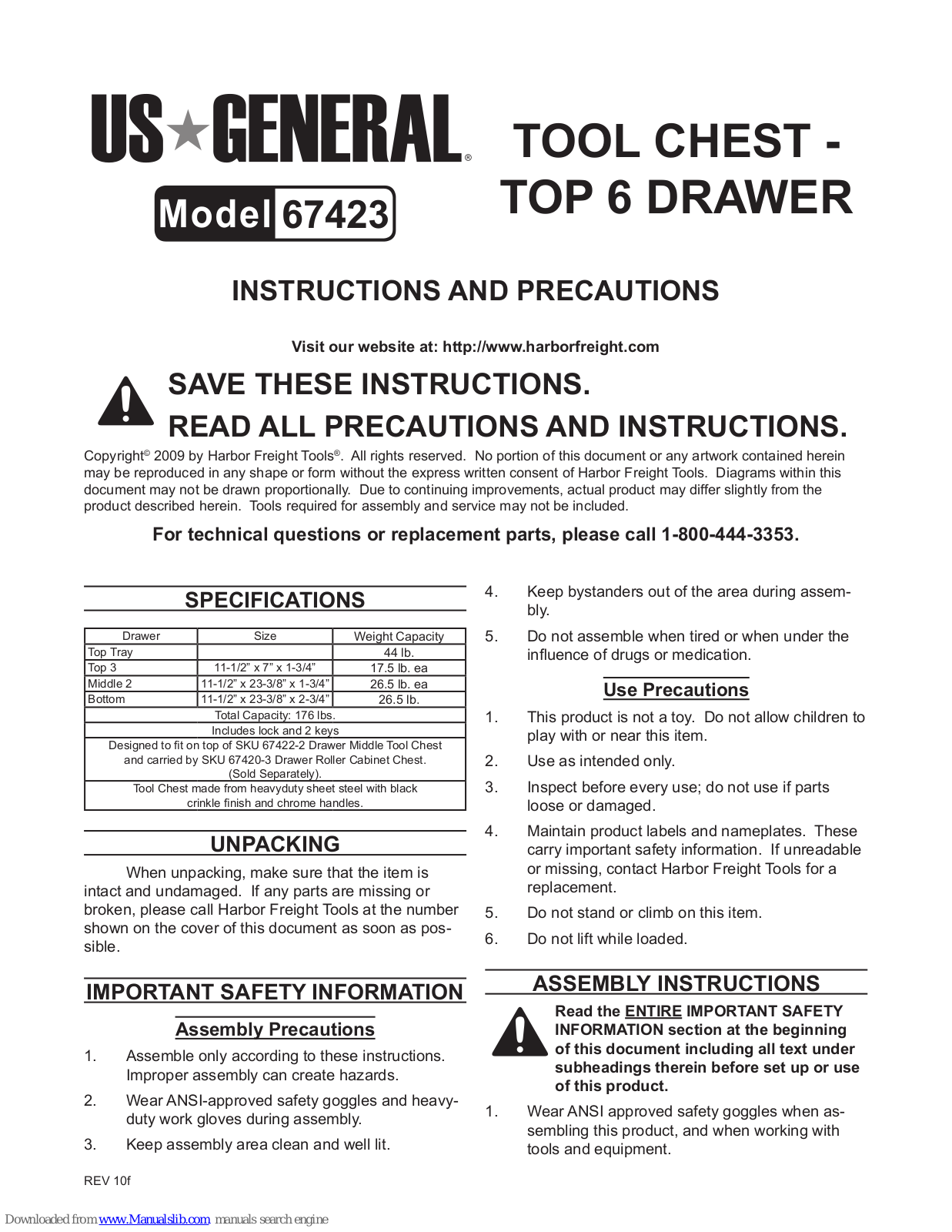 U.S. General 67423 Instructions And Precautions