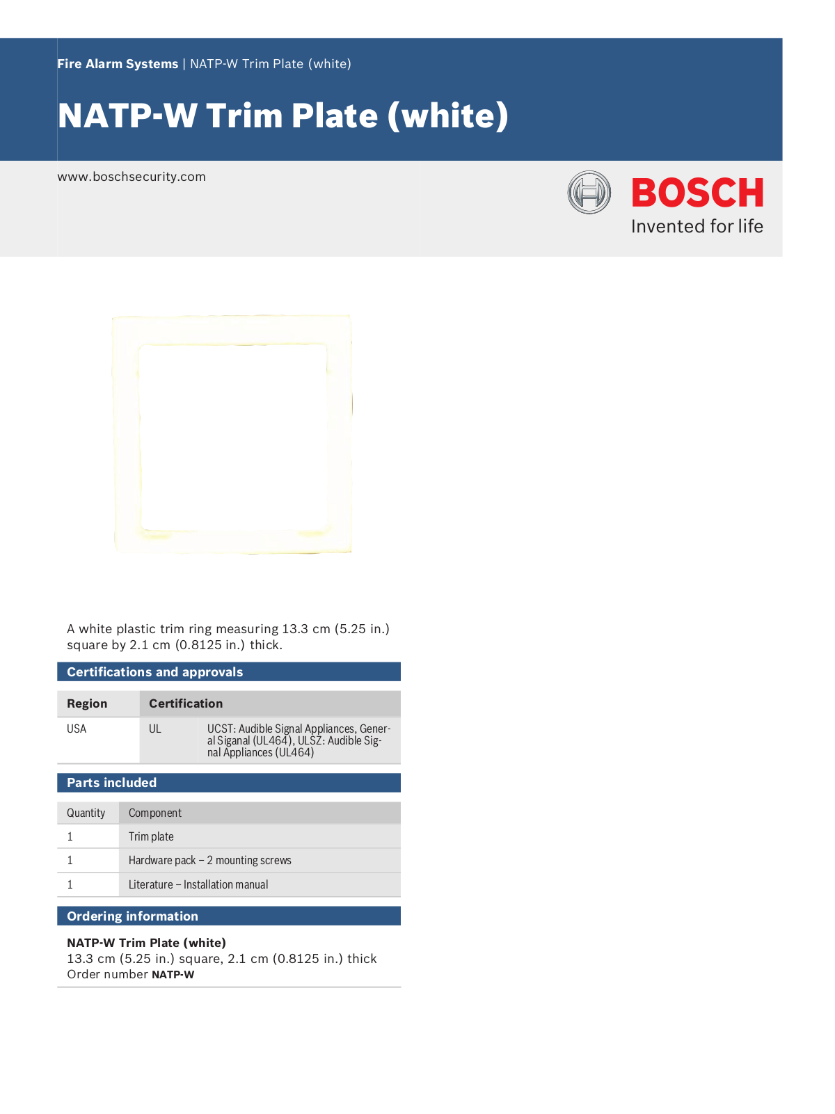 Bosch NATP-W Specsheet