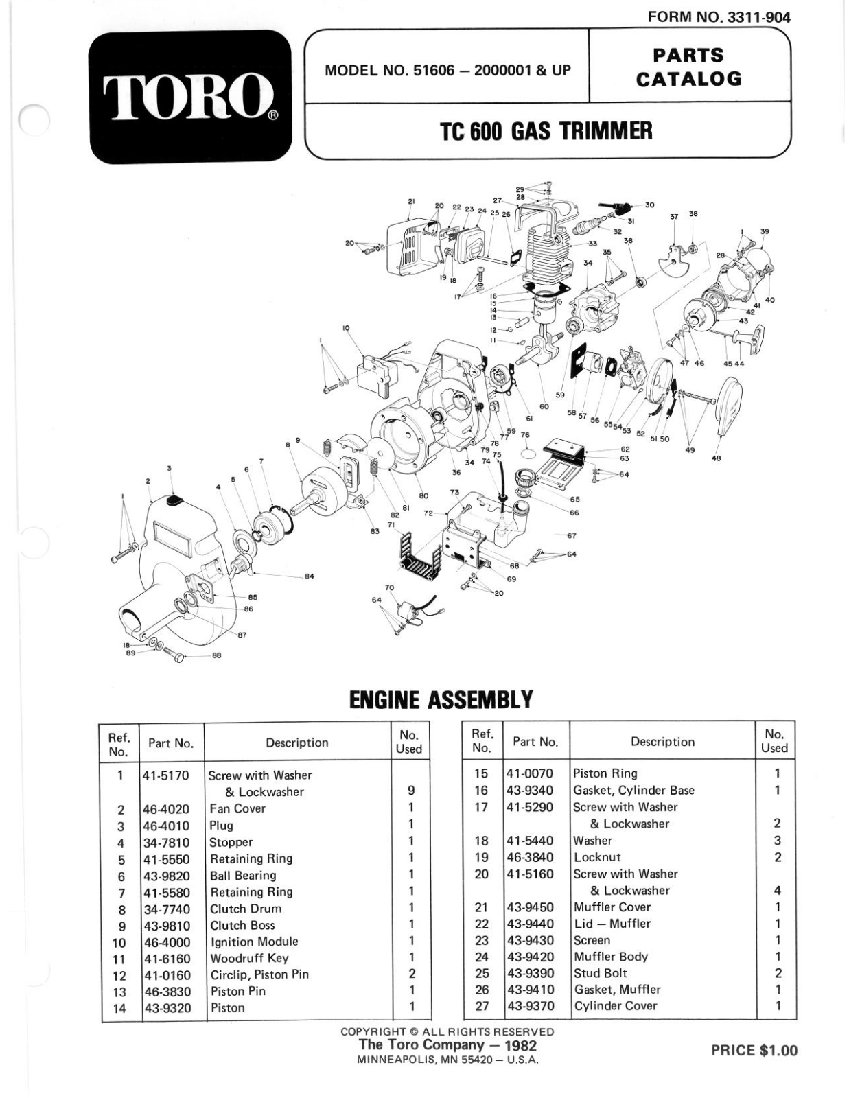 Toro 51606 Parts Catalogue