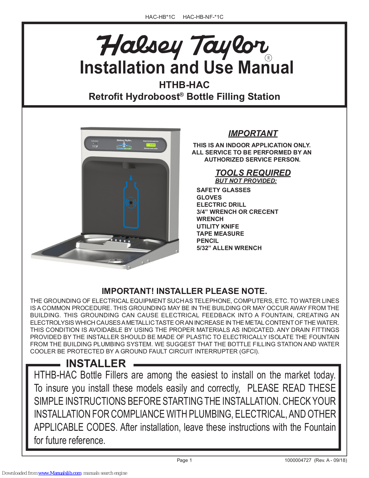 Halsey Taylor HydroBoost HTHB-HAC Installation And Use Manual