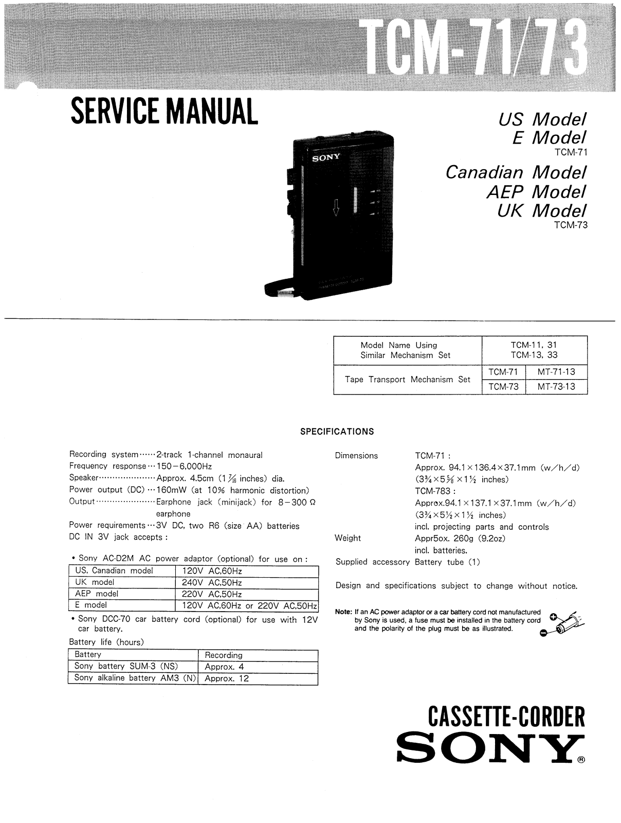 Sony TCM-73 Service manual