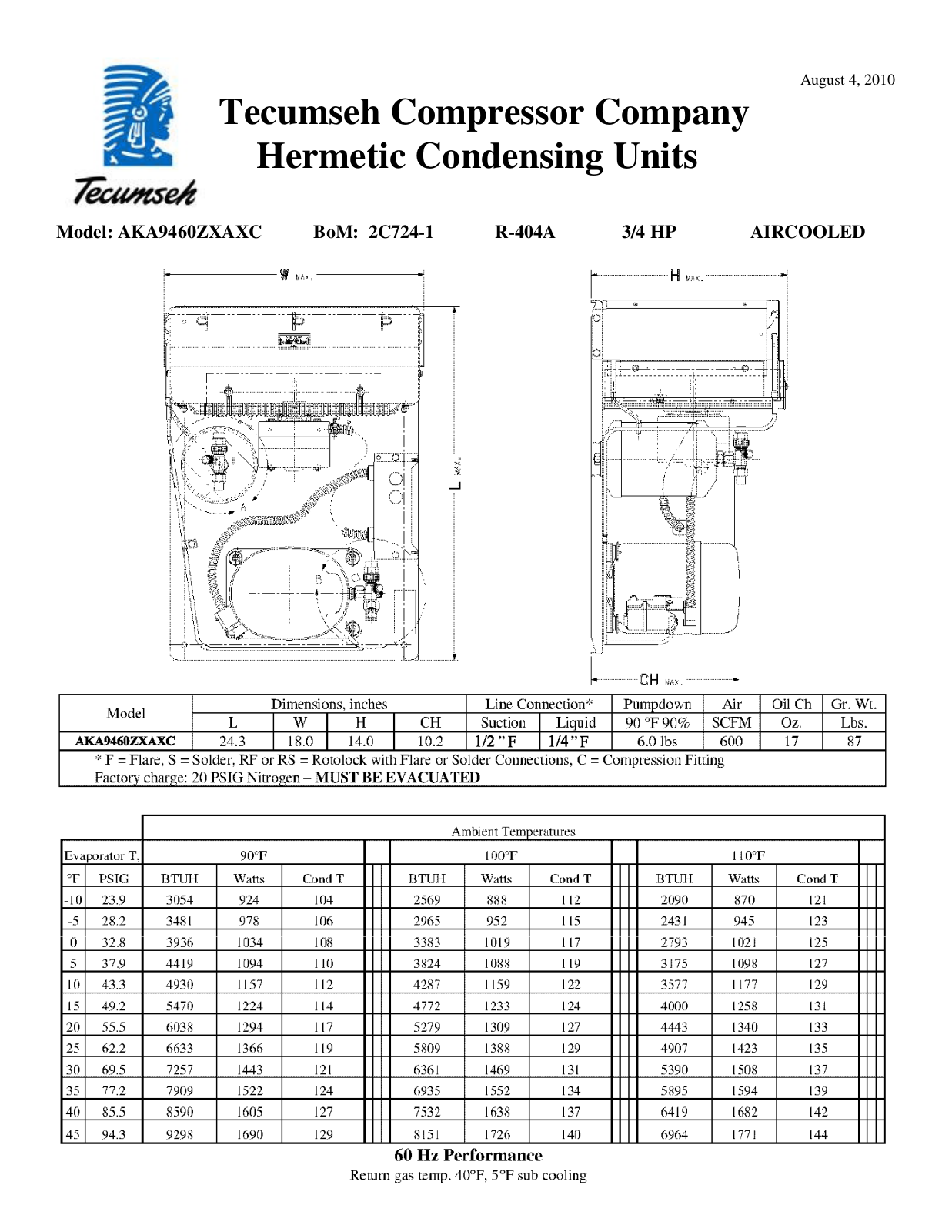 Tecumseh AKA9460ZXAXC Performance Data Sheet