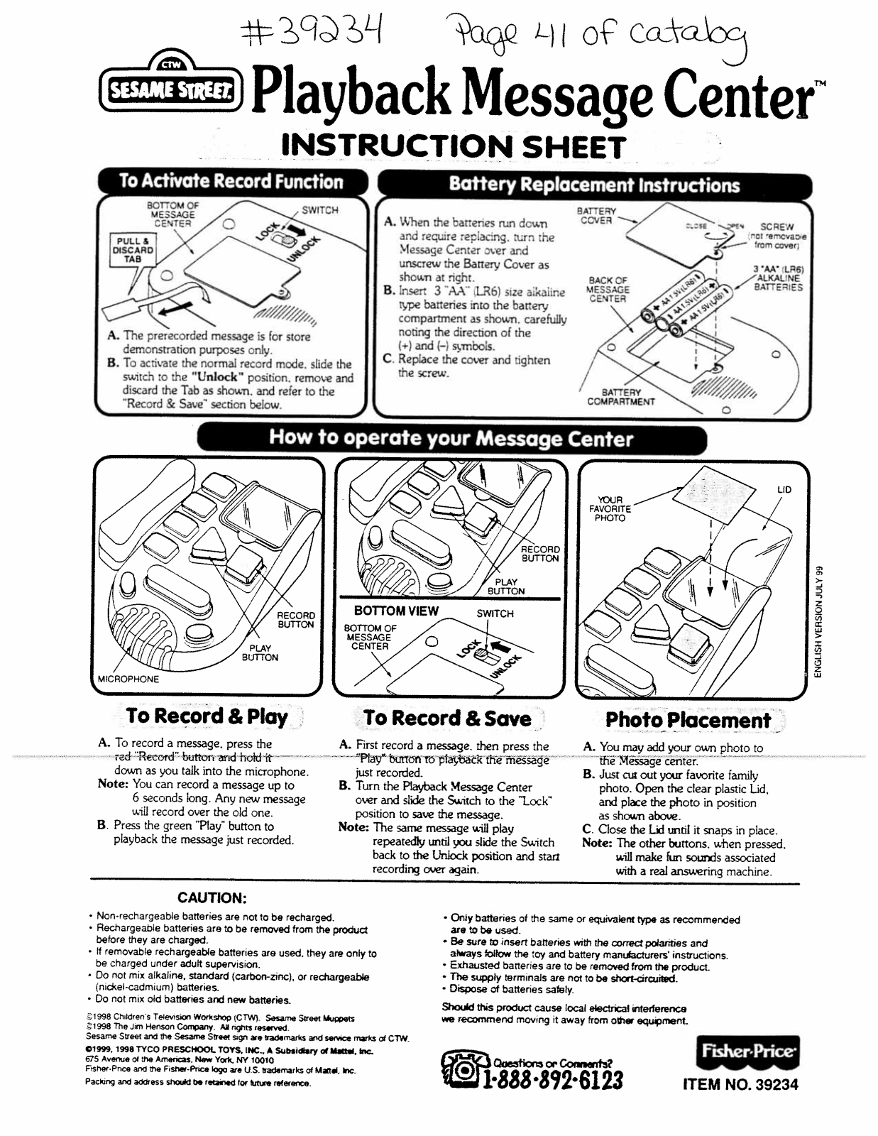 Fisher-Price 39234 Instruction Sheet