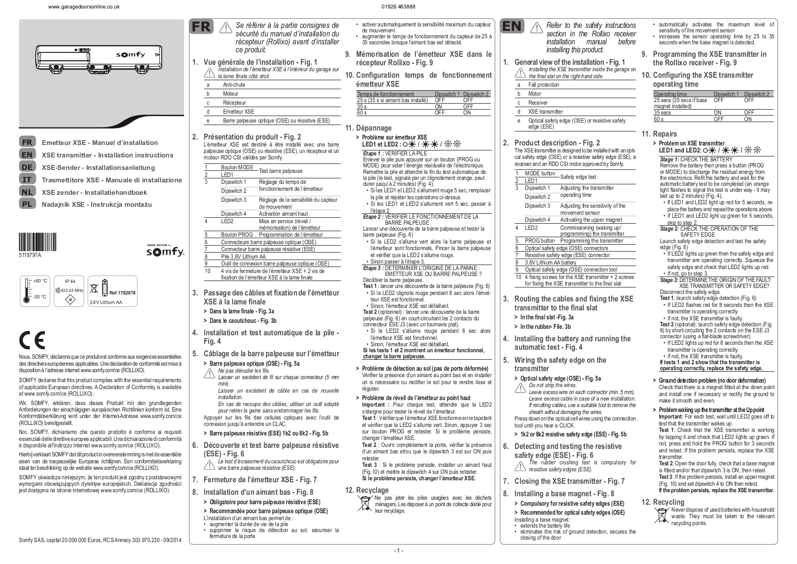 SOMFY XSE Installation Instructions Manual