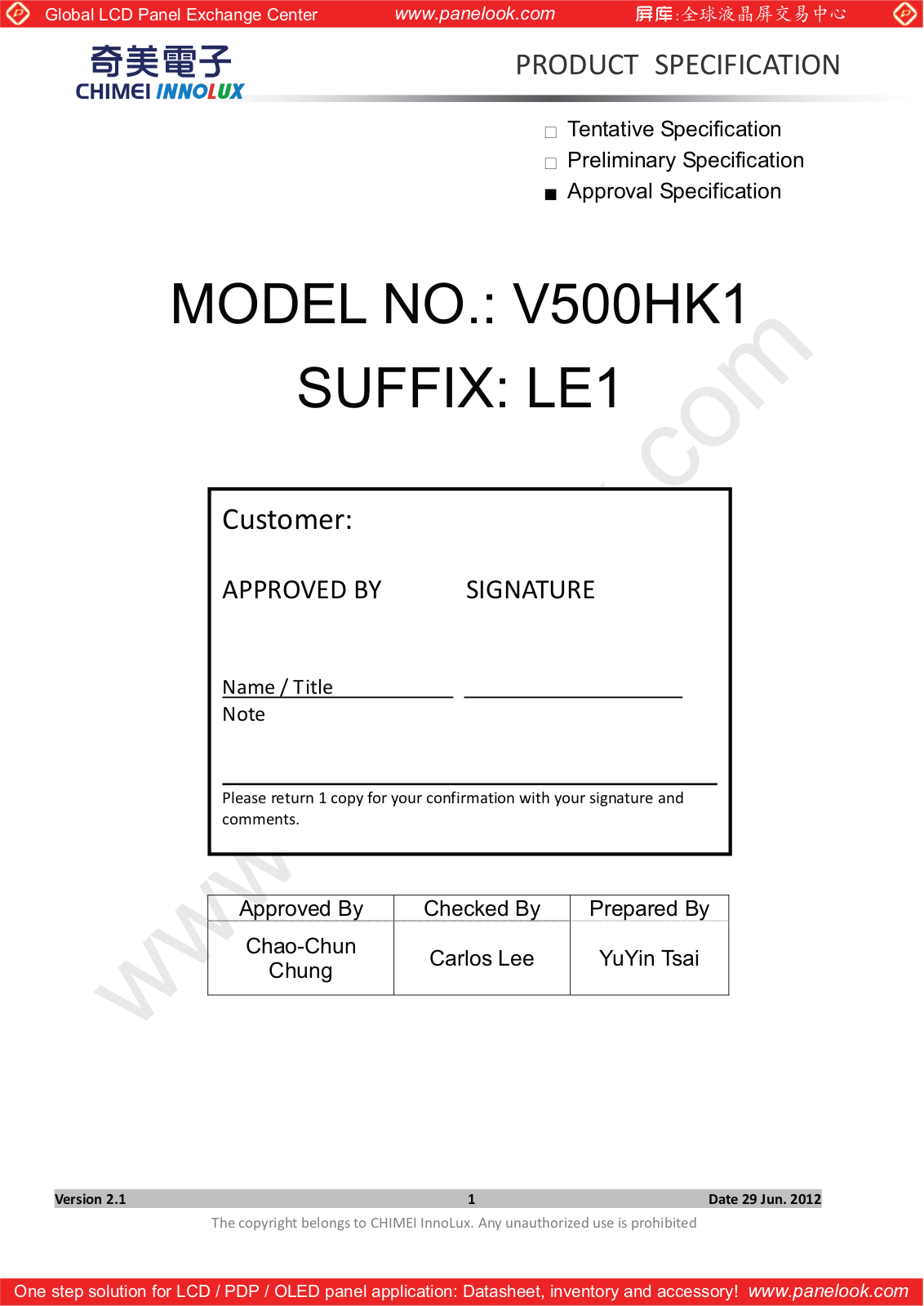 CHIMEI INNOLUX V500HK1-LE1 Specification