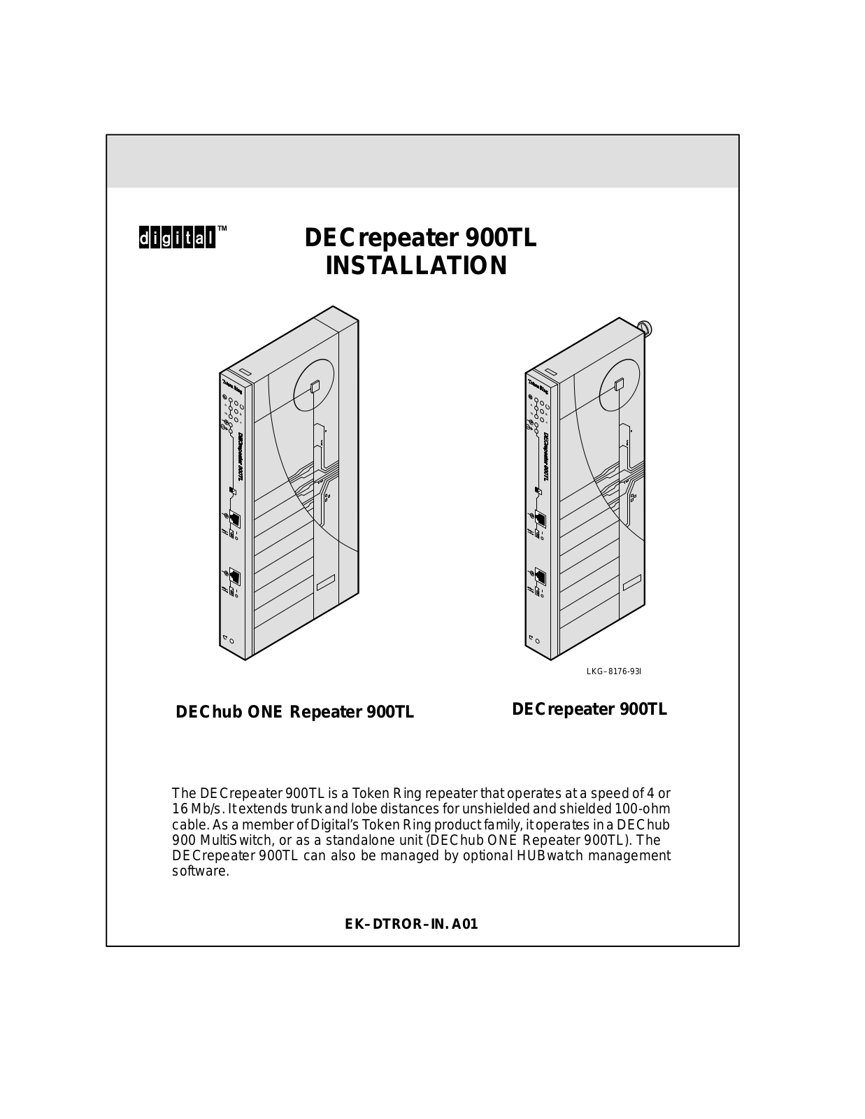 Digital Equipment DECrepeater 900TL, DEChub ONE Repeater 900TL, DECrepeater 900SL, DEChub ONE Repeater 900SL Installation Manual