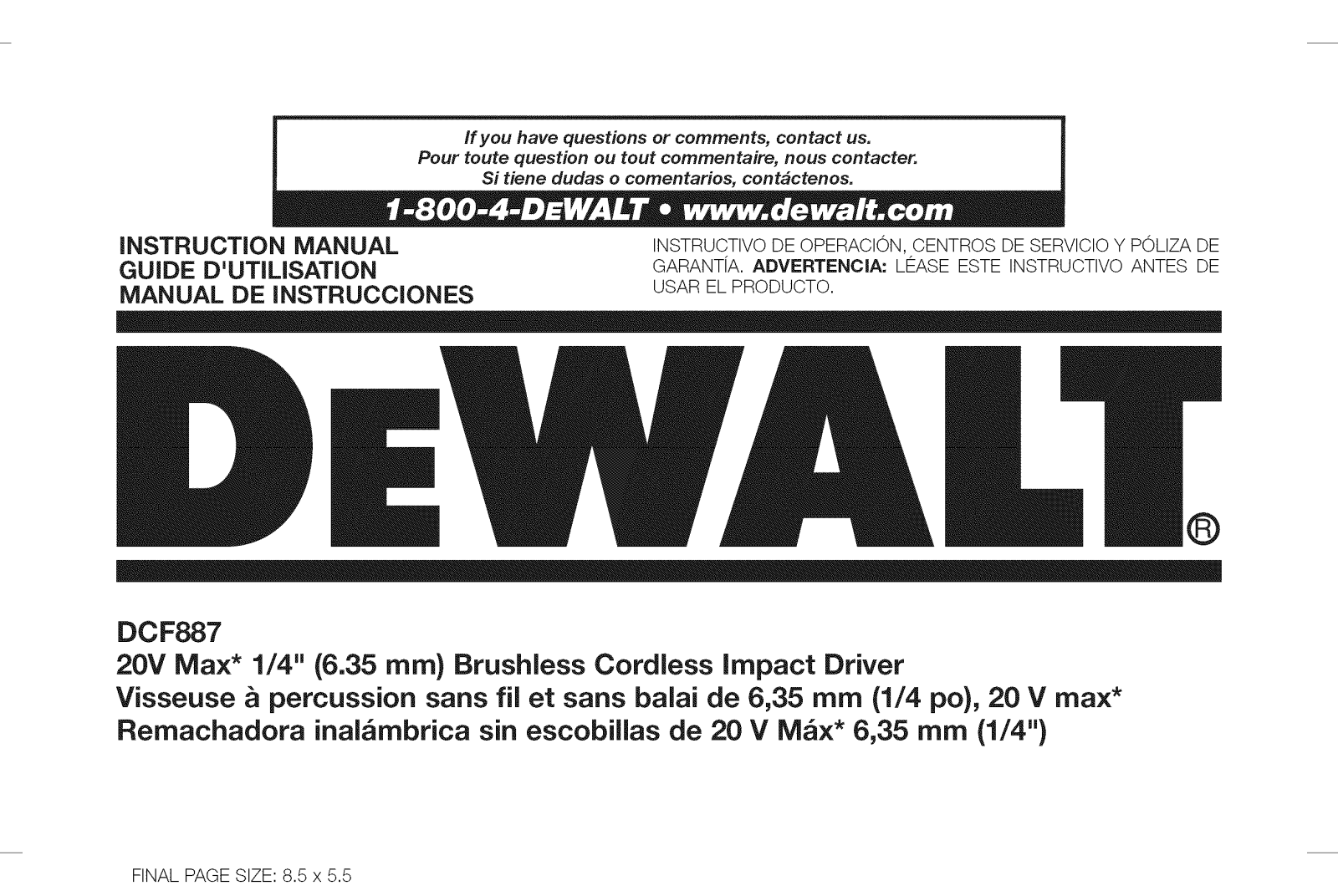 DeWalt DCF887B TYPE 1 Owner’s Manual