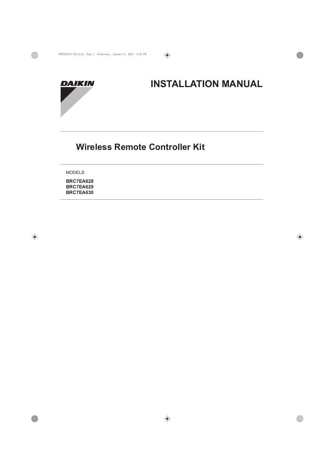 Daikin BRC7EA628, BRC7EA629, BRC7EA630 Installation manuals