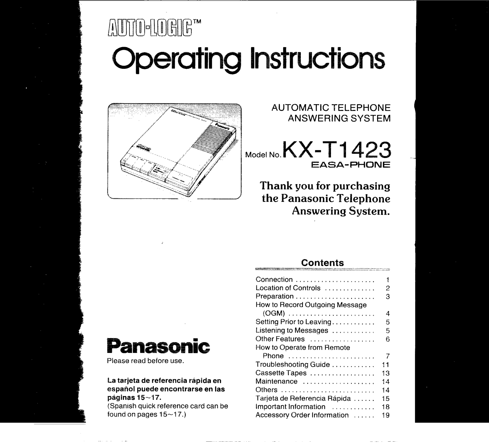 Panasonic kx-t1423 Operation Manual