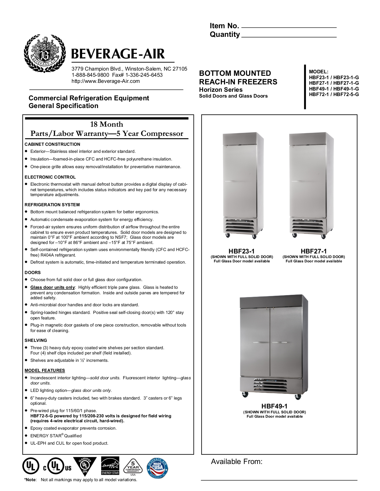 Beverage-Air HBF23-1, HBF27-1, HBF49-1, HBF72-1 General Manual