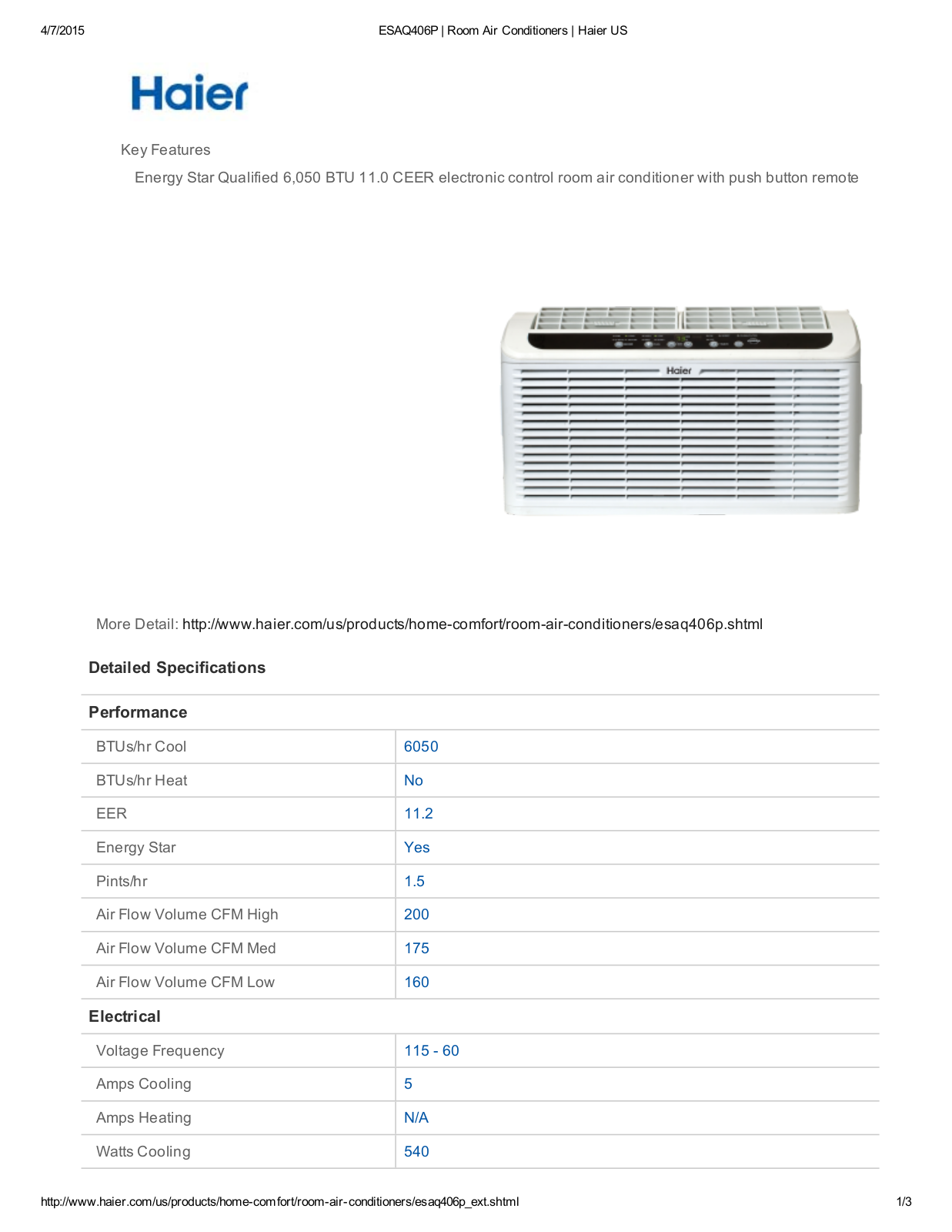 Haier ESAQ406P Specifications