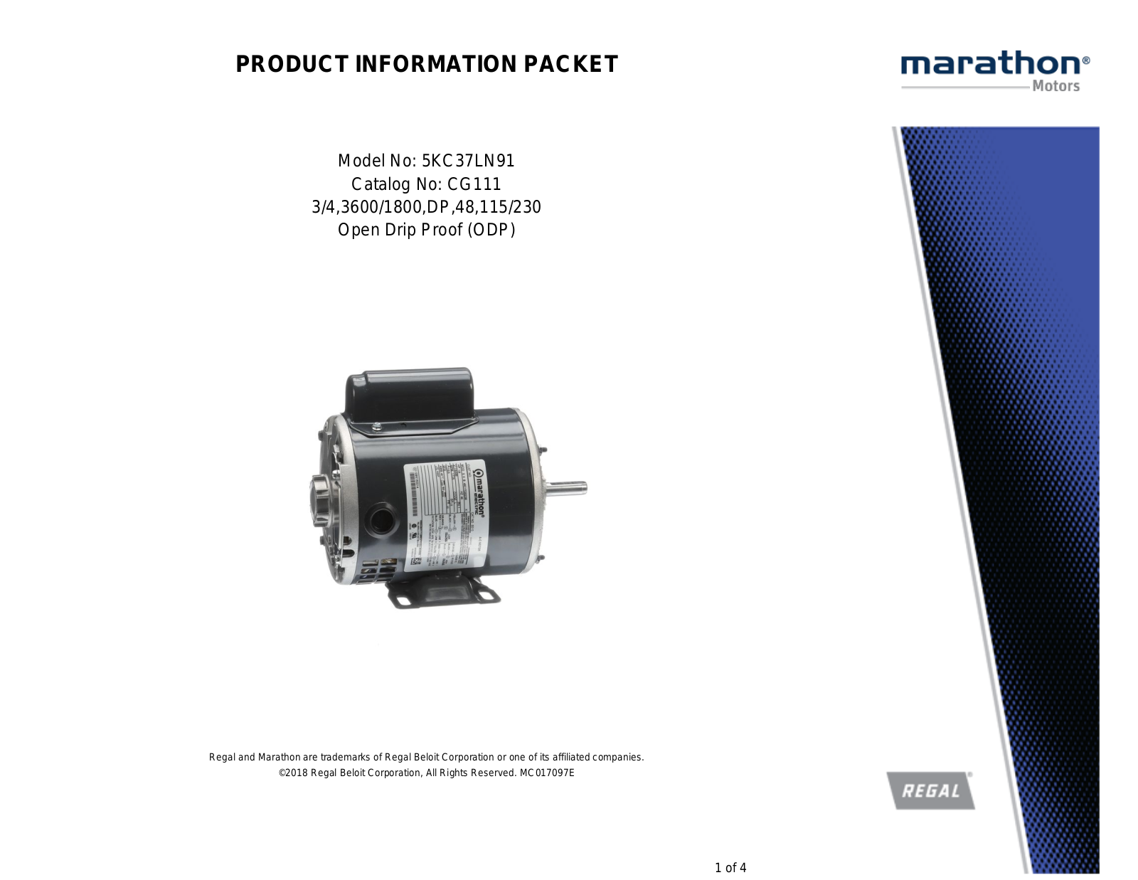 Marathon Electric 5KC37LN91 Product Information Packet