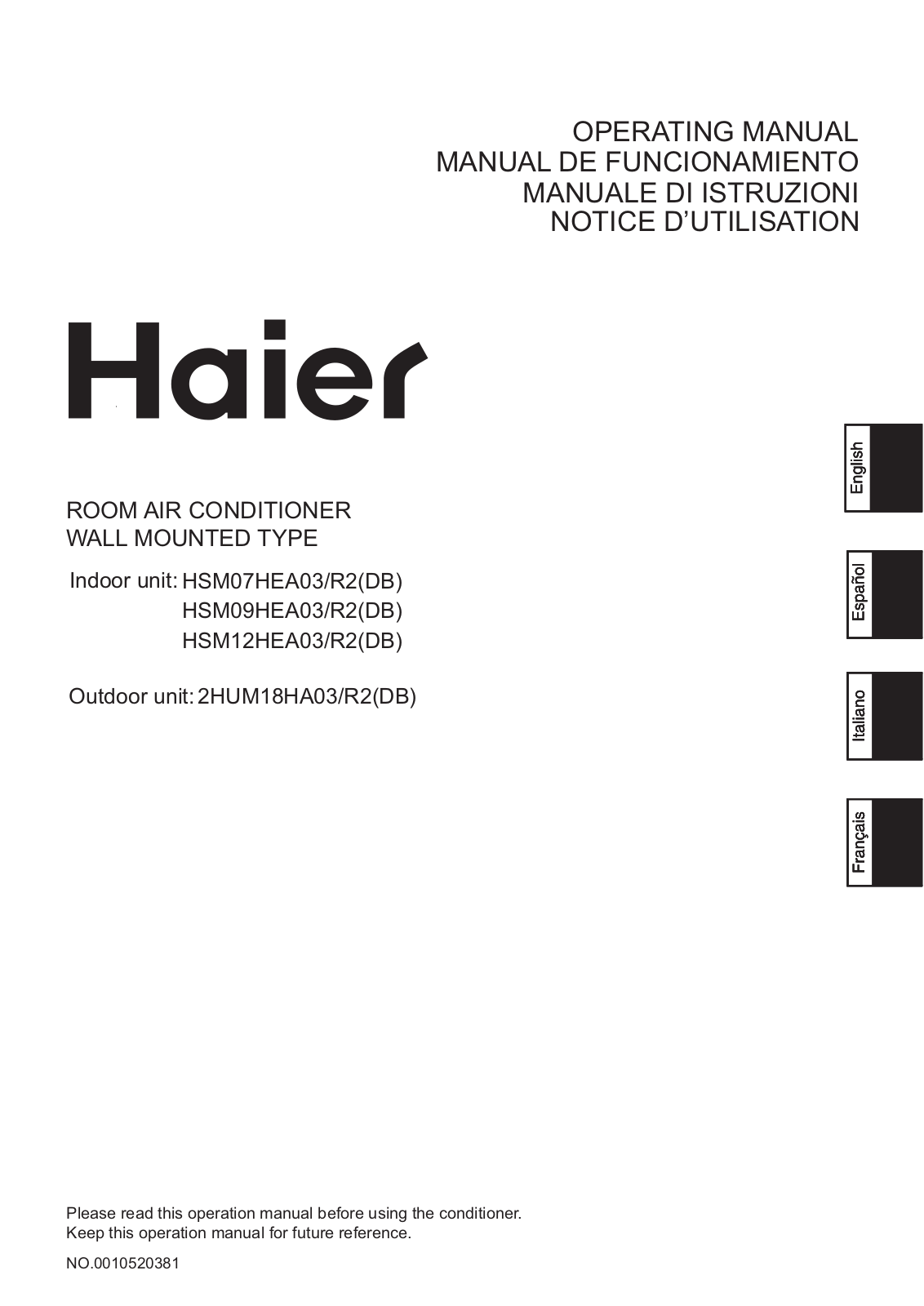 Haier HSM070912HEA03-R2, 2HUM18HA03/R2 User Manual