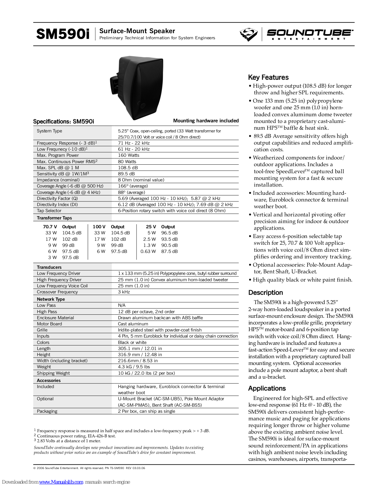 SoundTube Surface-Mount Speaker SM590i Specifications