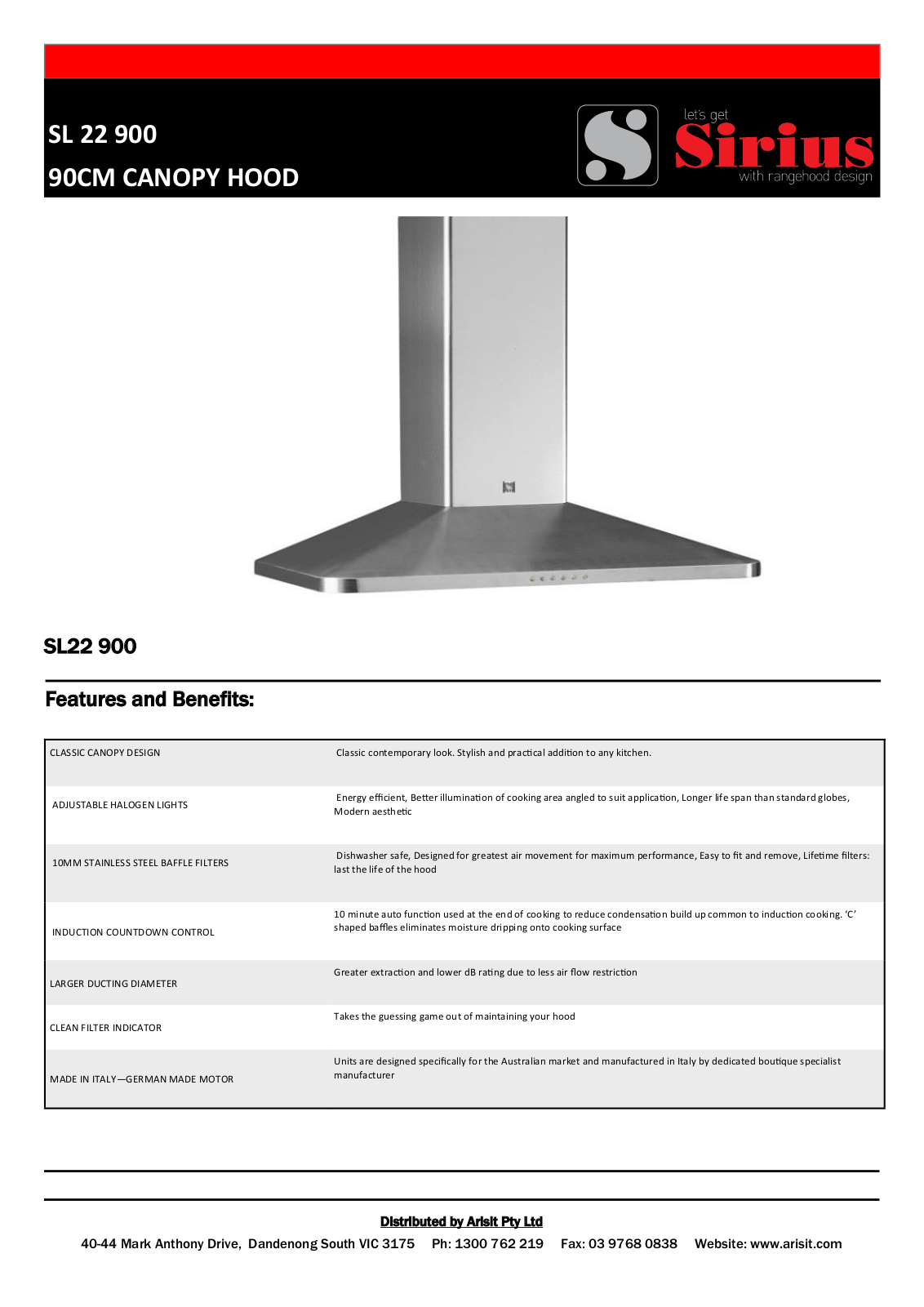 Sirius SL22900 Specifications Sheet