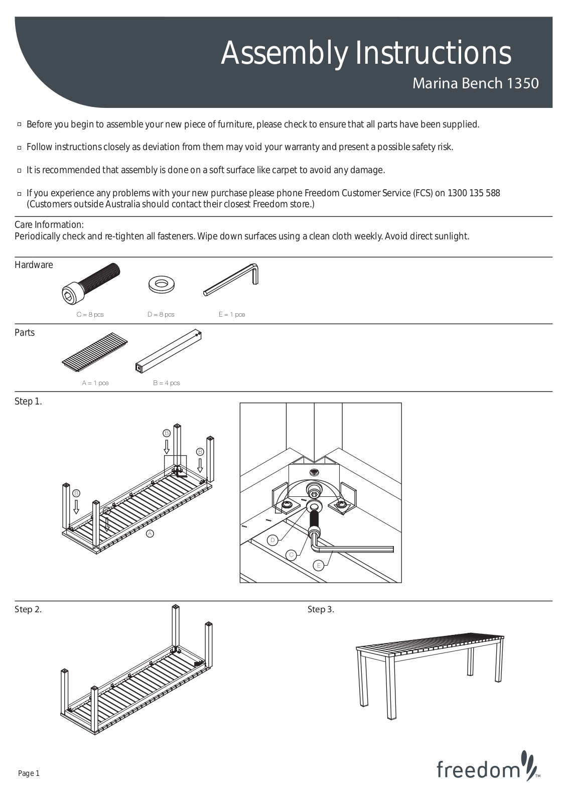 Freedom Marina Bench 1350 Assembly Instruction