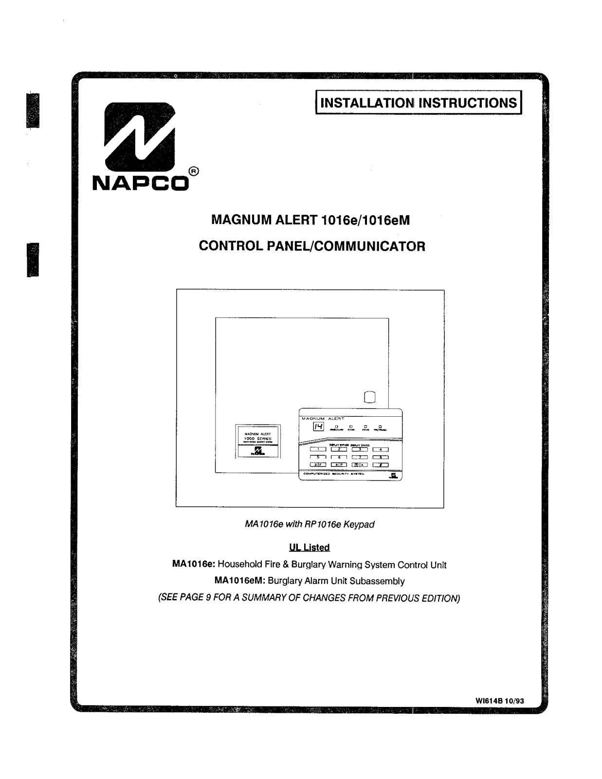 NAPCO MA1016E Installation Manual