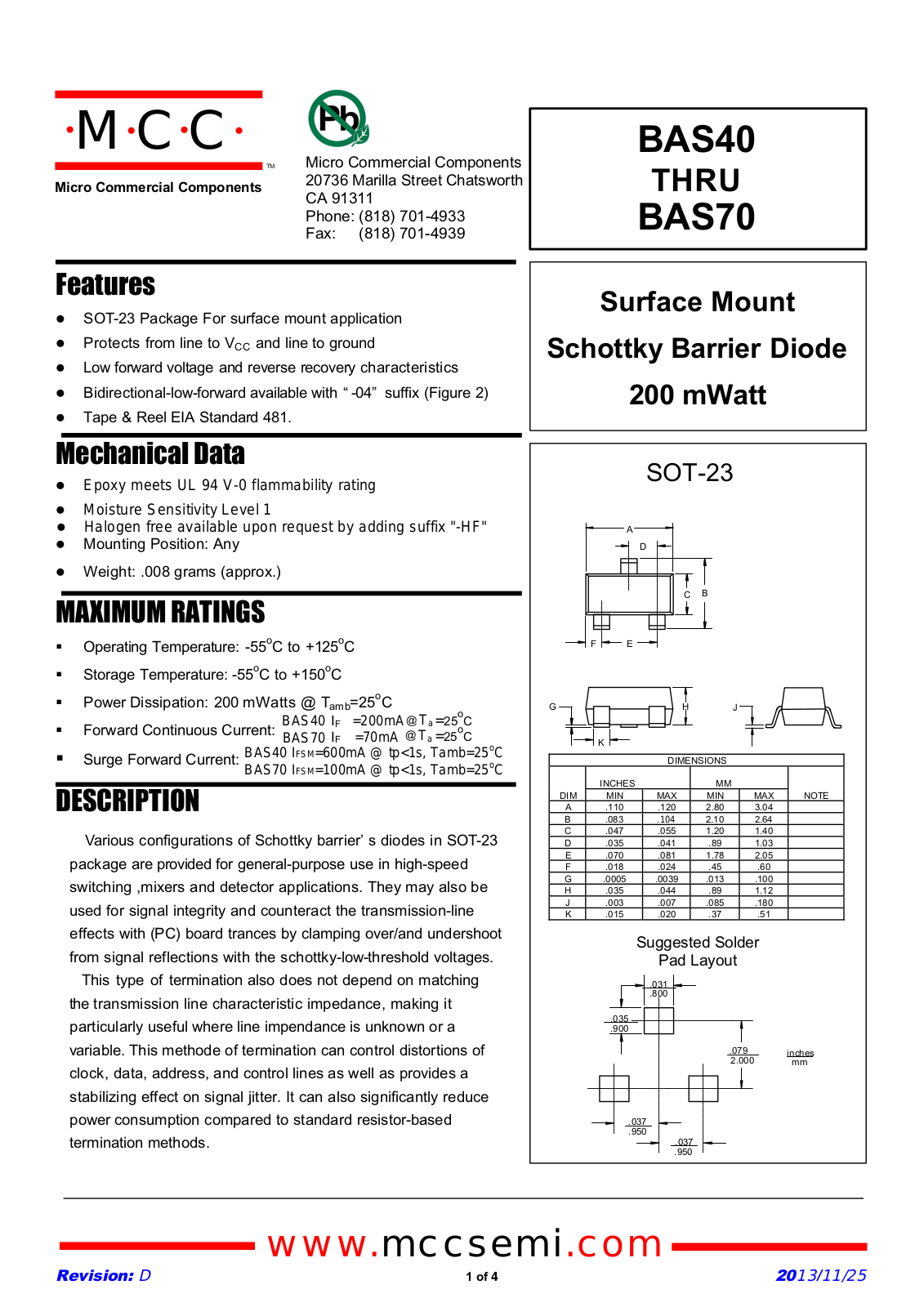 MCC BAS40, BAS40-04, BAS40-05, BAS40-06, BAS70 Schematic