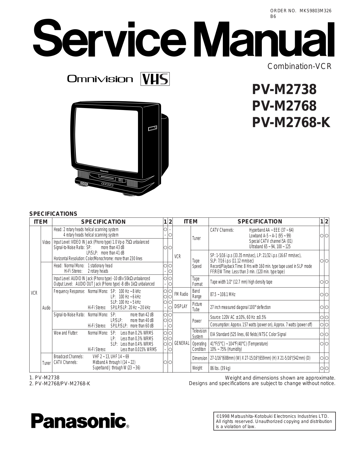 Panasonic PV-M2738, PV-M2768, PV-M2768-K Schematic