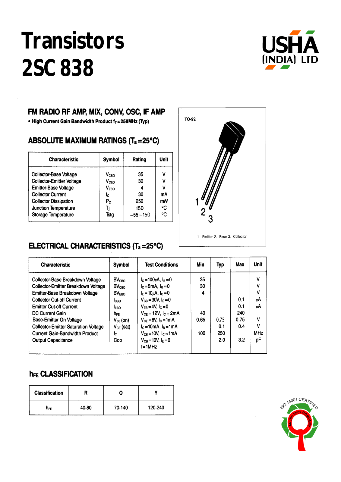 USHA 2SC838 Datasheet