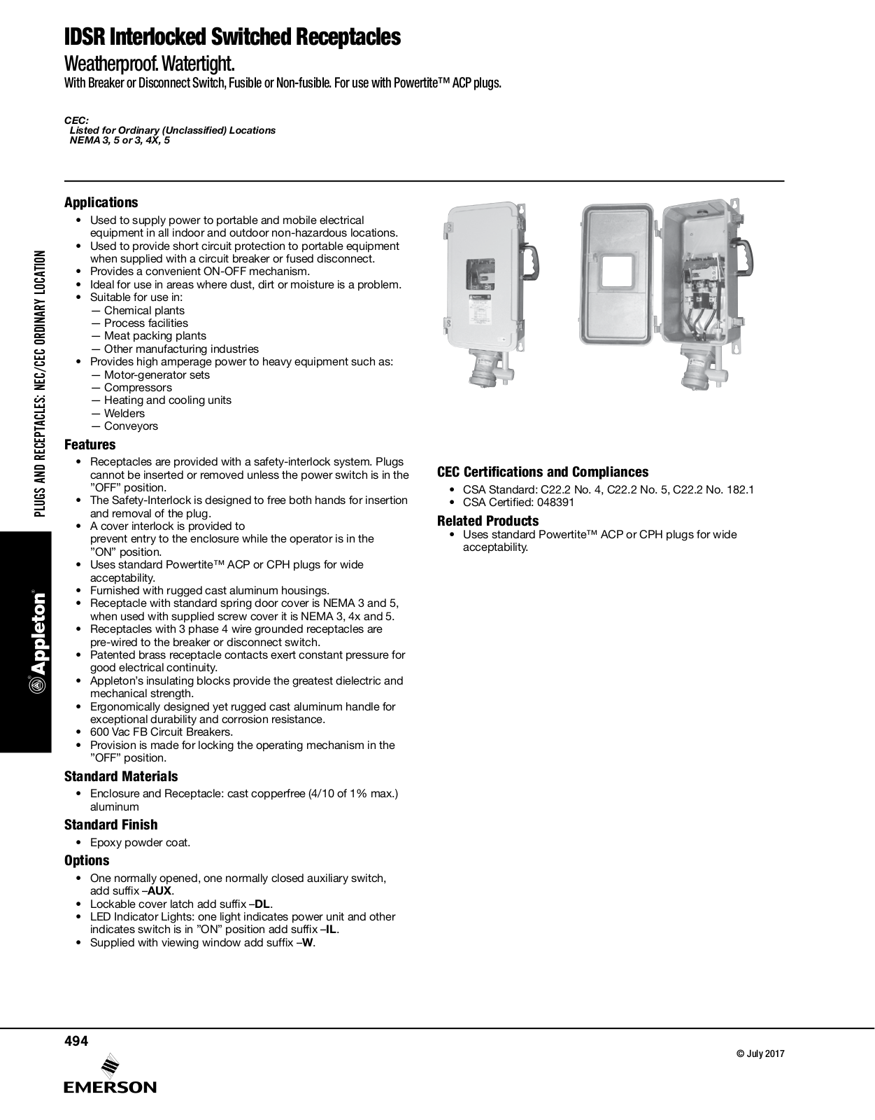 Appleton IDSR Interlocked Switched Receptacles Catalog Page