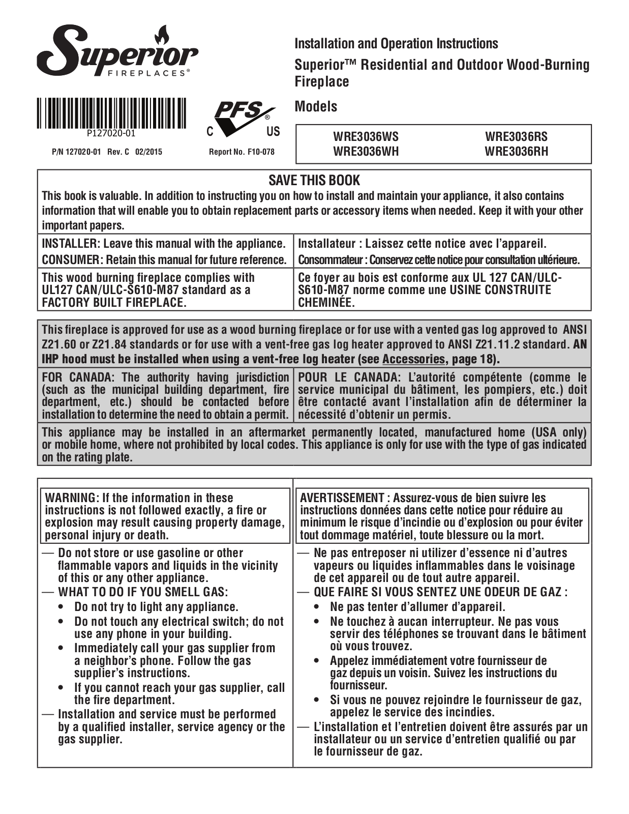 Superior WRE3036WH, WRE3036RH, WRE3036WS, WRE3036RS Installation And Operation Instructions Manual