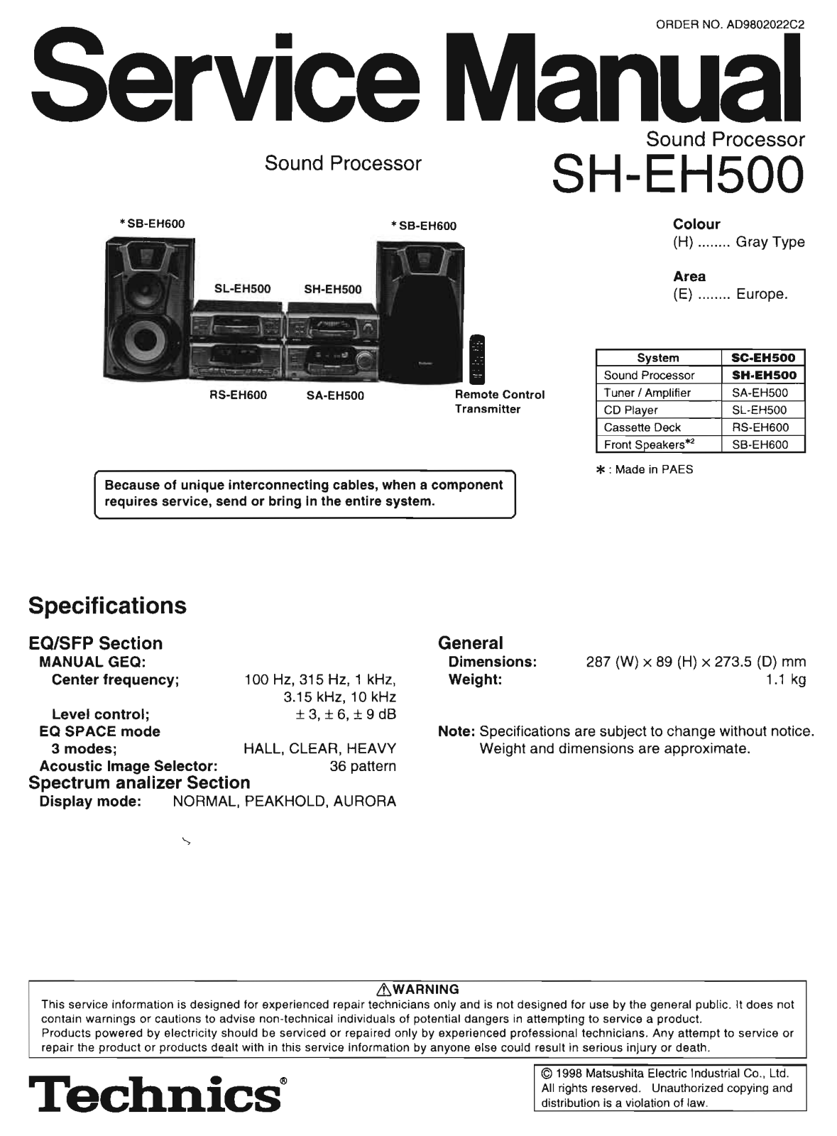 Technics SH-EH500 Service Manual