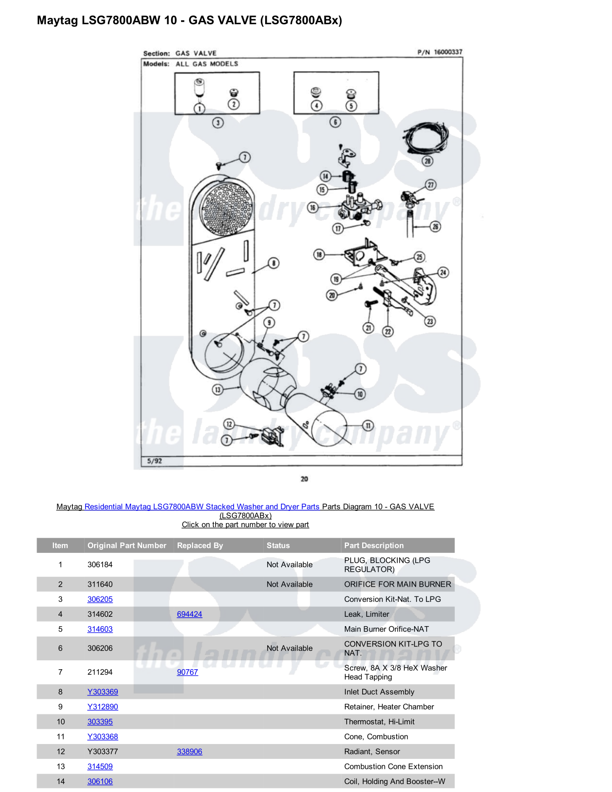 Maytag LSG7800ABW Stacked and Parts Diagram