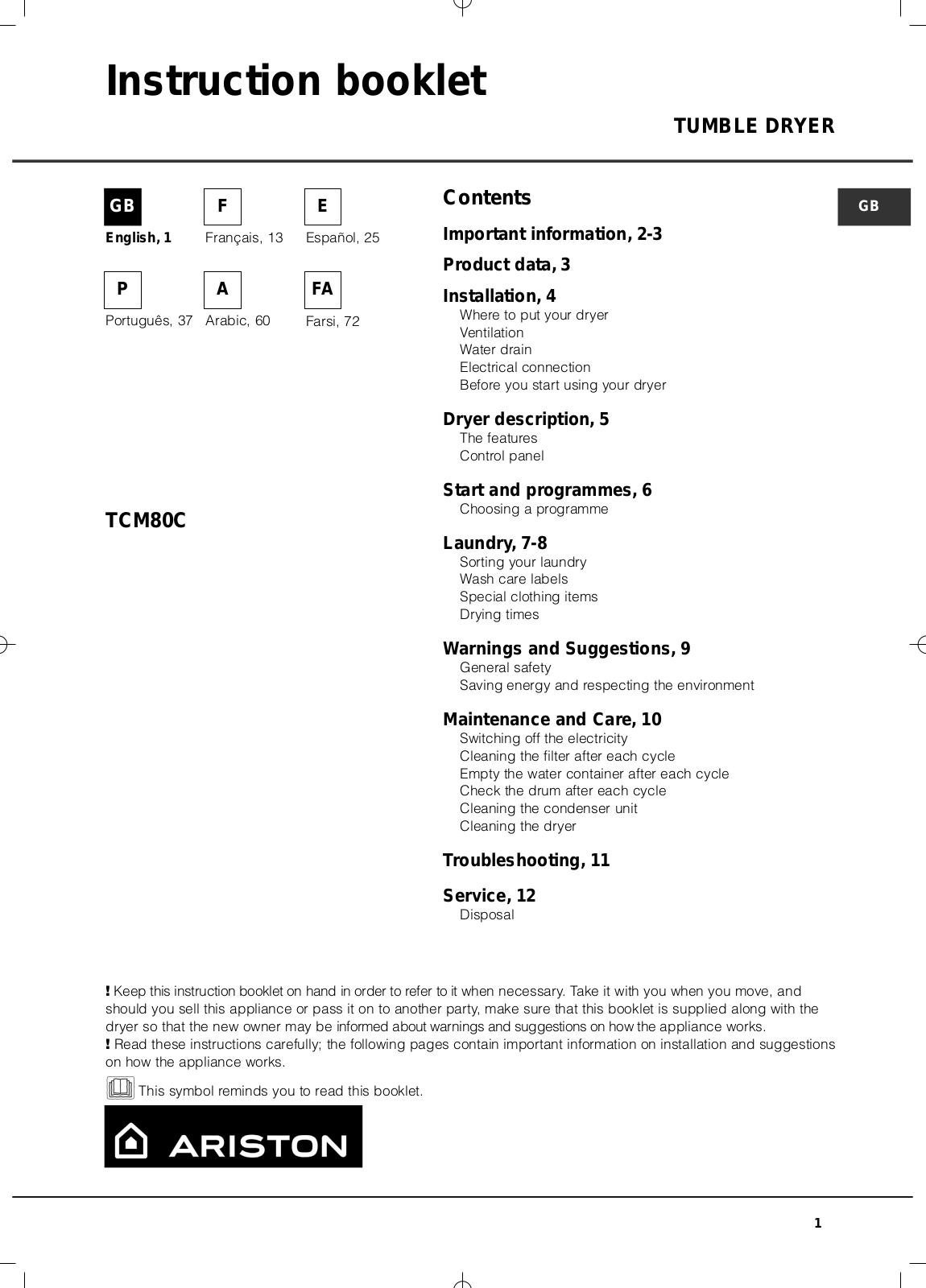 HOTPOINT TCM80C 6P User Manual