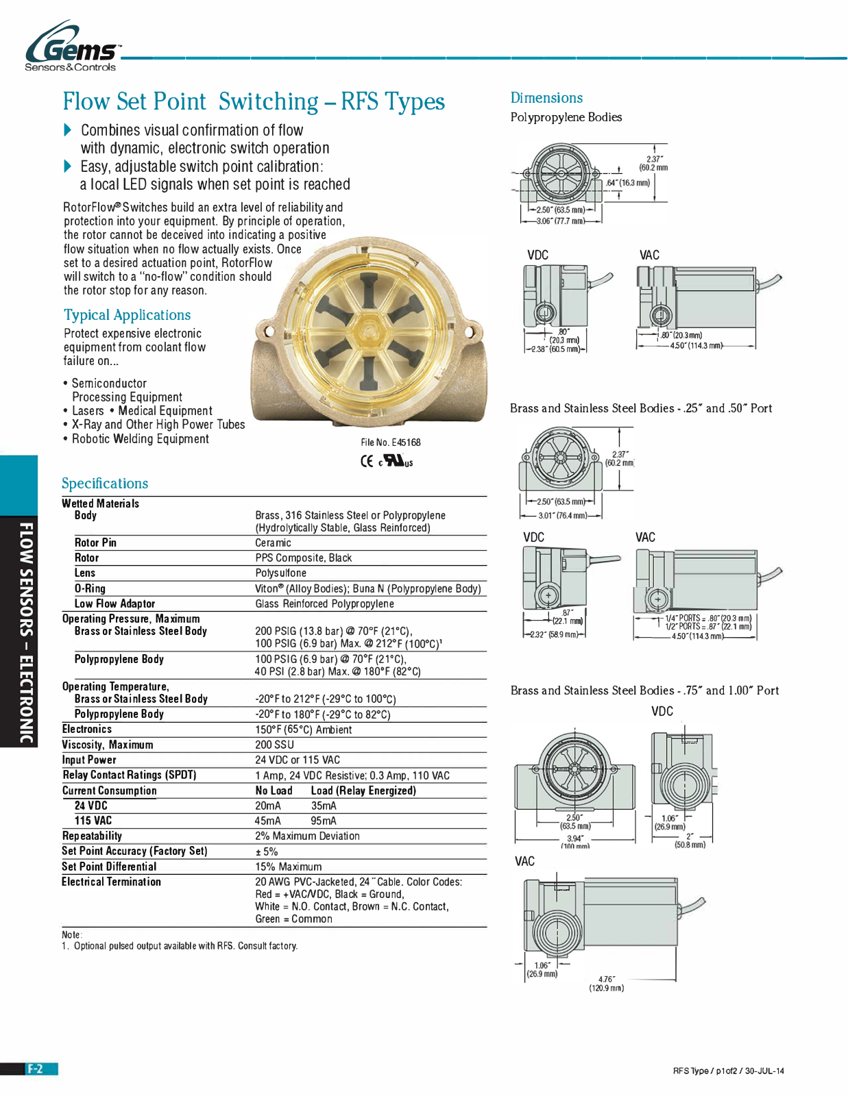 Gems Sensors & Controls Flow Set Point Switching - RFS Types Catalog Page