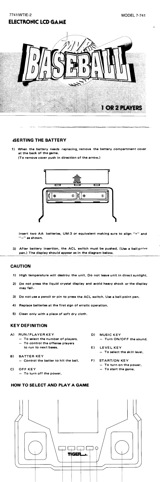 HASBRO Baseball MVP Electronic LCD Game User Manual